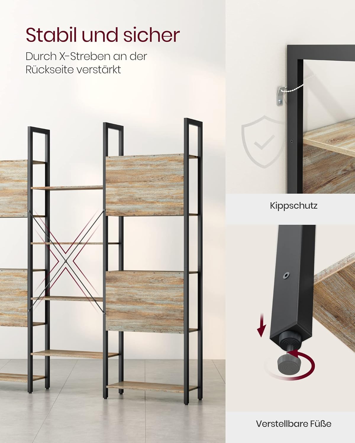 Polica za knjige s metalnim okvirom,24 x 158 x 166 cm, smeđe i crne boje | VASAGLE-vitahome.hr