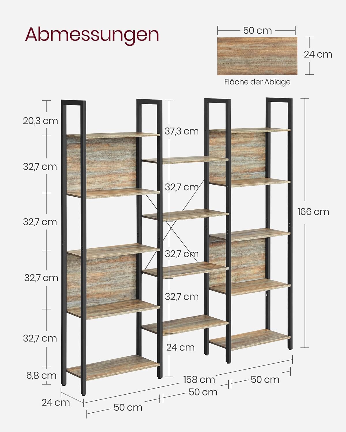 Polica za knjige s metalnim okvirom,24 x 158 x 166 cm, smeđe i crne boje | VASAGLE-vitahome.hr