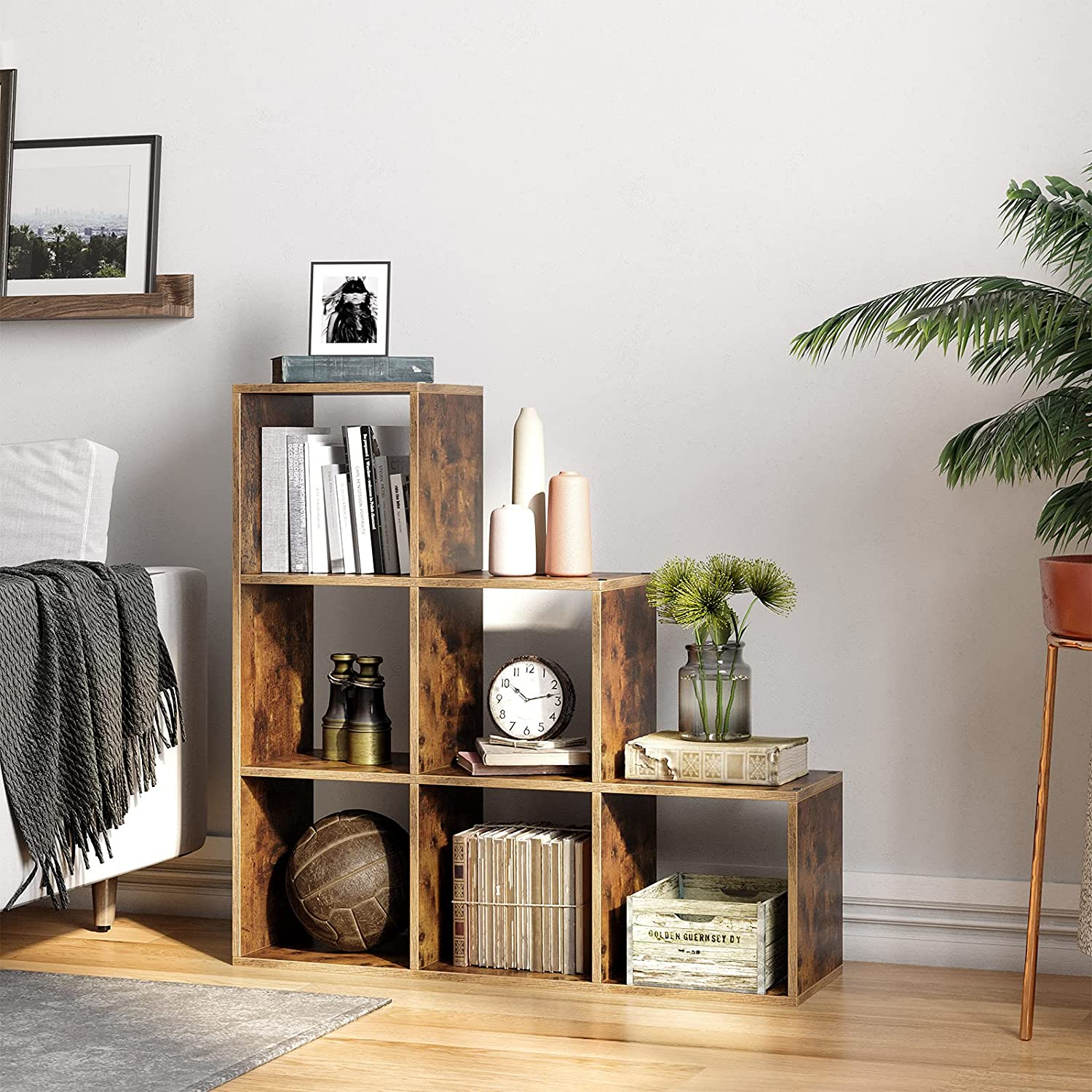 Polica za knjige sa 6 sekcija za odlaganje 97,5 x 29 x 97,5 cm, rustikalno smeđa | VASAGLE-vitahome.hr