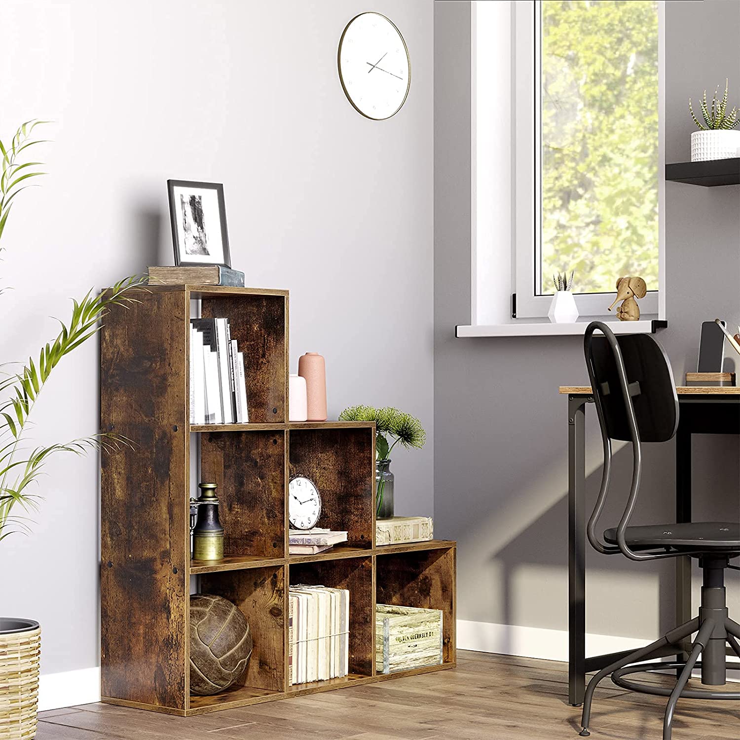 Polica za knjige sa 6 sekcija za odlaganje 97,5 x 29 x 97,5 cm, rustikalno smeđa | VASAGLE-vitahome.hr