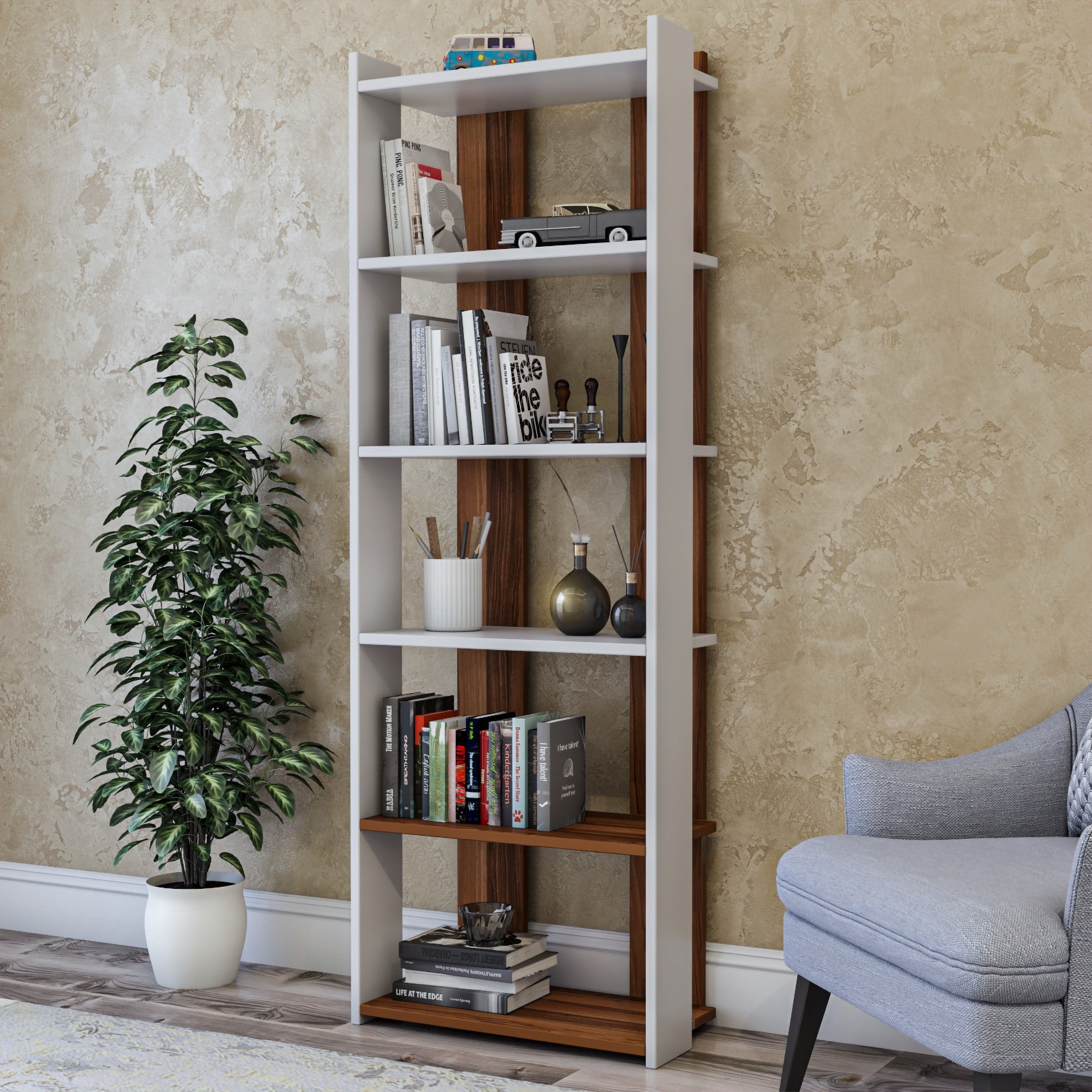 Polica za knjige Sakran - White, Walnut | AG-vitahome.hr