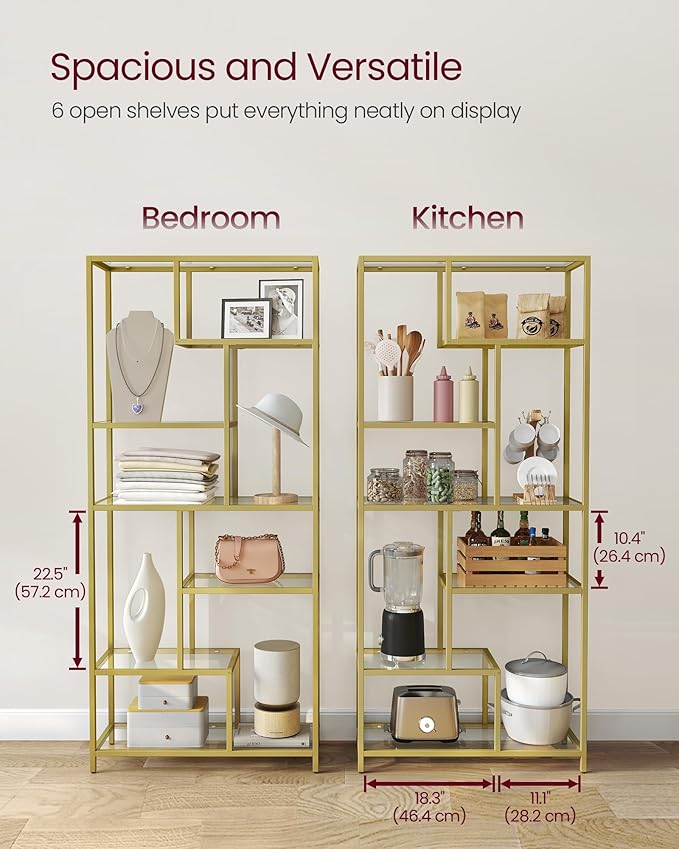 Polica za knjige, visoka sa 6 razina, 30 × 80 × 180 cm, metalik zlatna