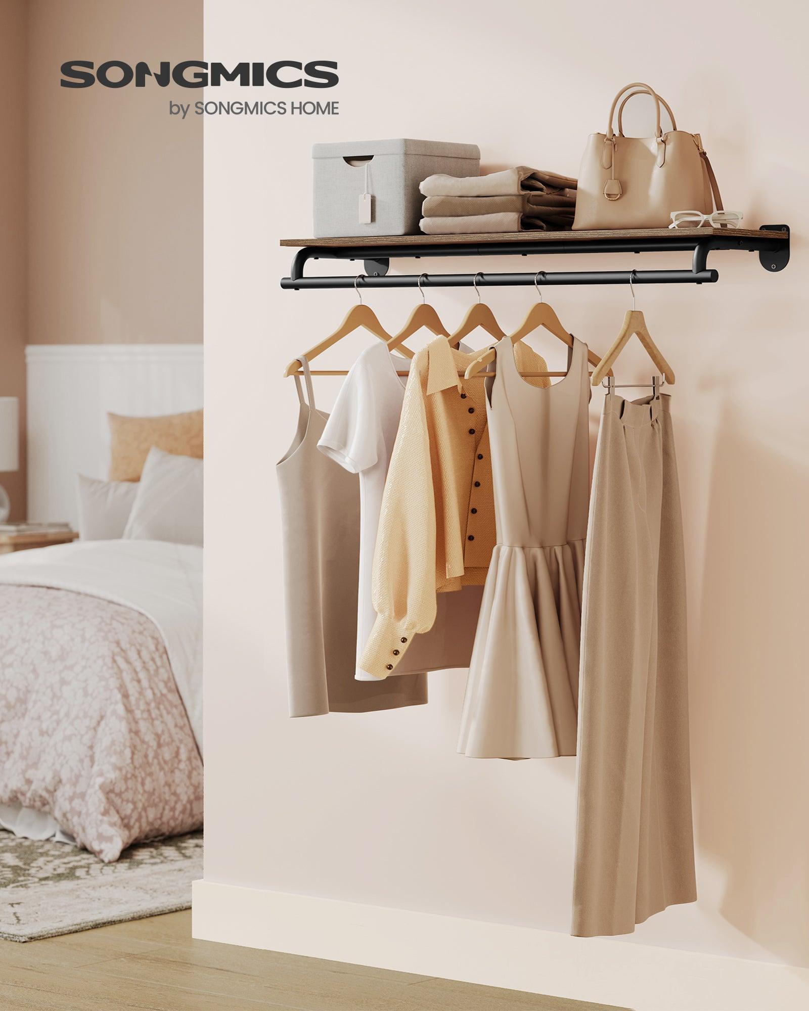 Polica za odjeću sa zidnim nosačem, zidni policak s vješalicom, 28 x 109 x 13,2 cm, rustikalna smeđa i crna