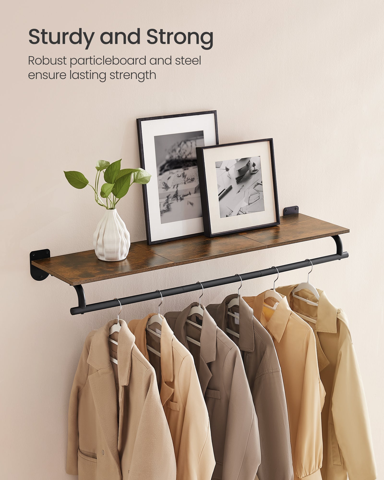 Polica za odjeću sa zidnim nosačem, zidni policak s vješalicom, 28 x 109 x 13,2 cm, rustikalna smeđa i crna