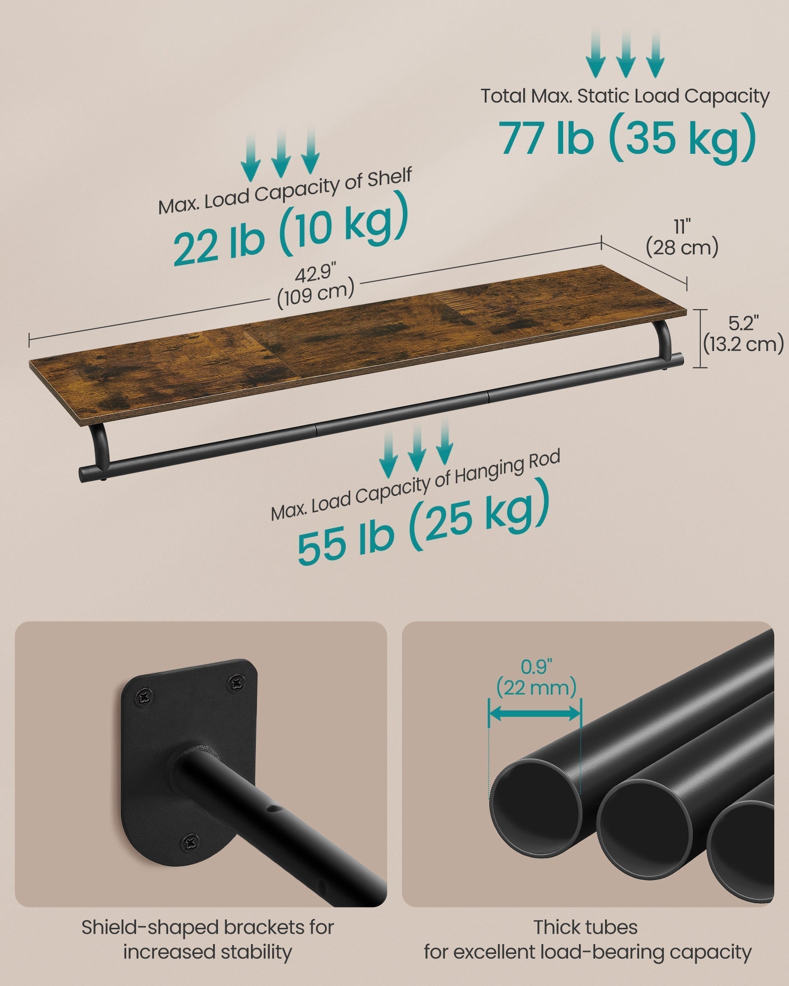 Polica za odjeću sa zidnim nosačem, zidni policak s vješalicom, 28 x 109 x 13,2 cm, rustikalna smeđa i crna