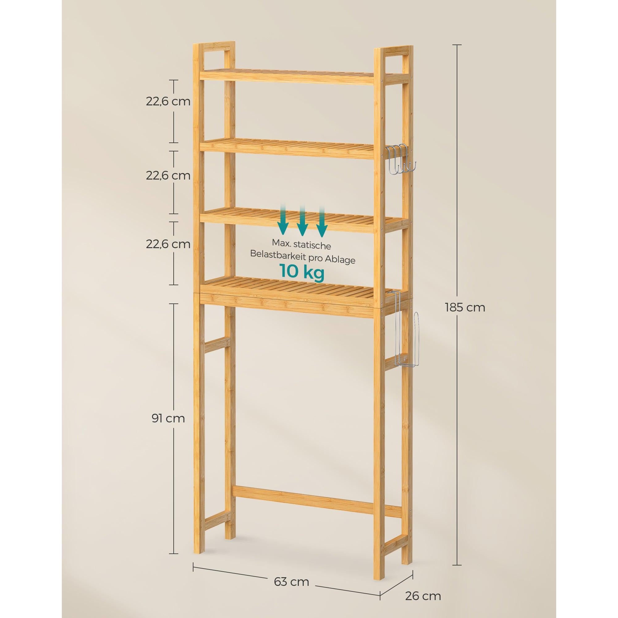 Polica za pohranu iznad WC-a na 4 razine, 26 x 63 x 185 cm, boja bambusa | SONGMICS-vitahome.hr