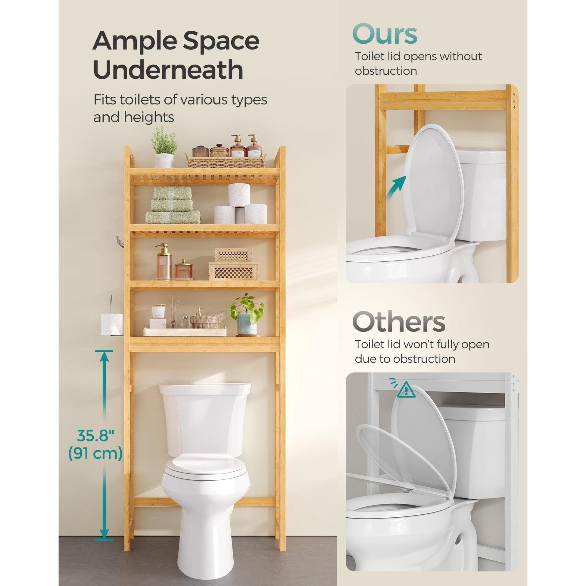 Polica za pohranu iznad WC-a na 4 razine, 26 x 63 x 185 cm, boja bambusa | SONGMICS-vitahome.hr