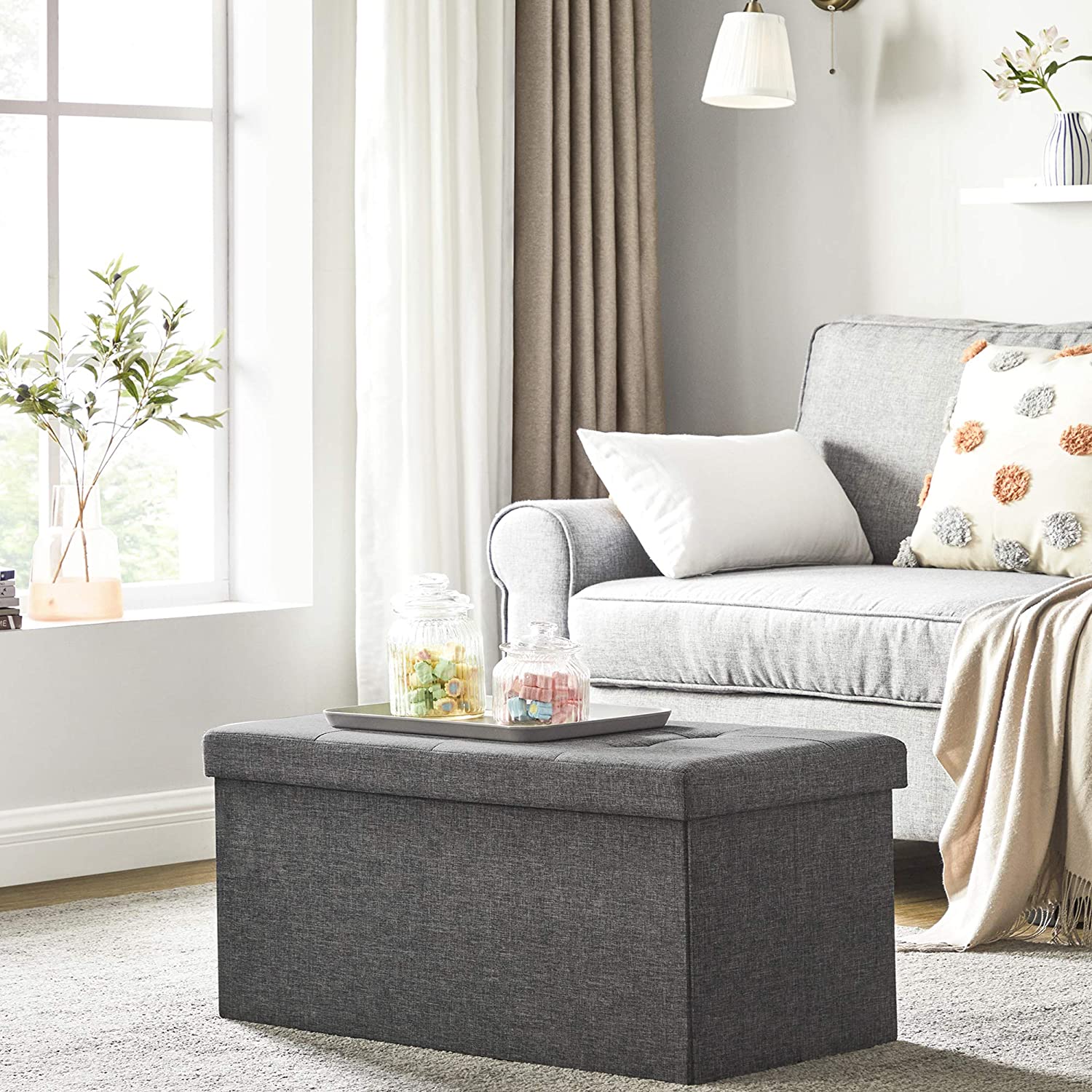 Pouf, klupa za odlaganje 76 x 38 x 38 cm, tamno siva | SONGMICS-vitahome.hr