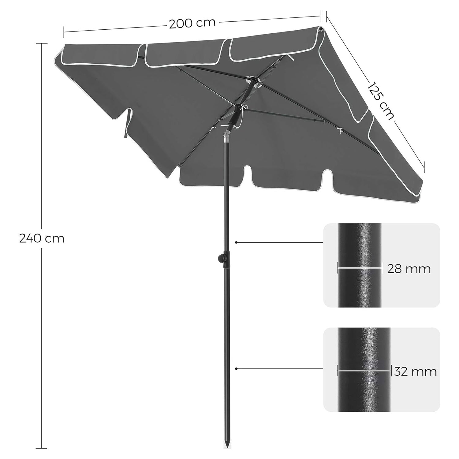 Pravokutni suncobran 2 x 1,25 m sa zaštitom UPF 50, sivi | SONGMICS-vitahome.hr