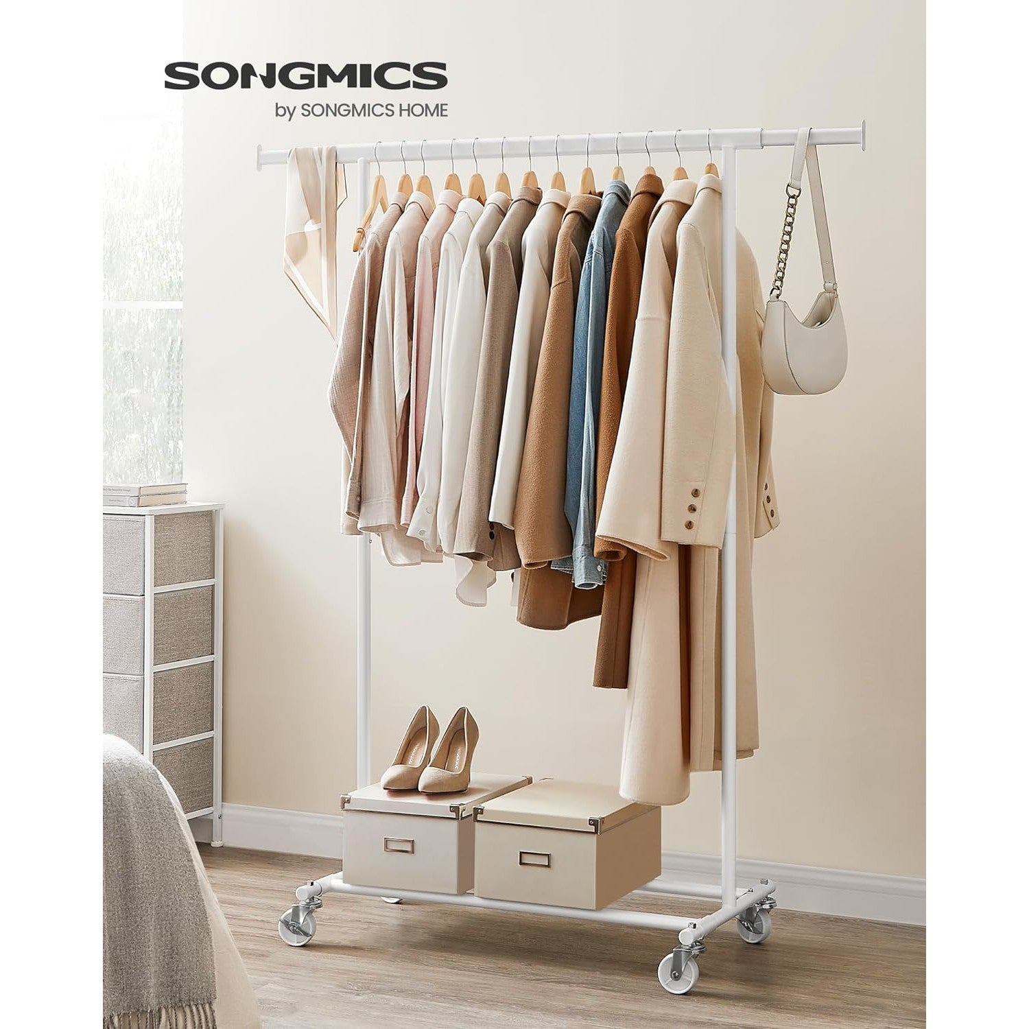 Prijenosni čelični stalak za odjeću na kotačima s produživim vješalicama, bijeli | SONGMICS-vitahome.hr