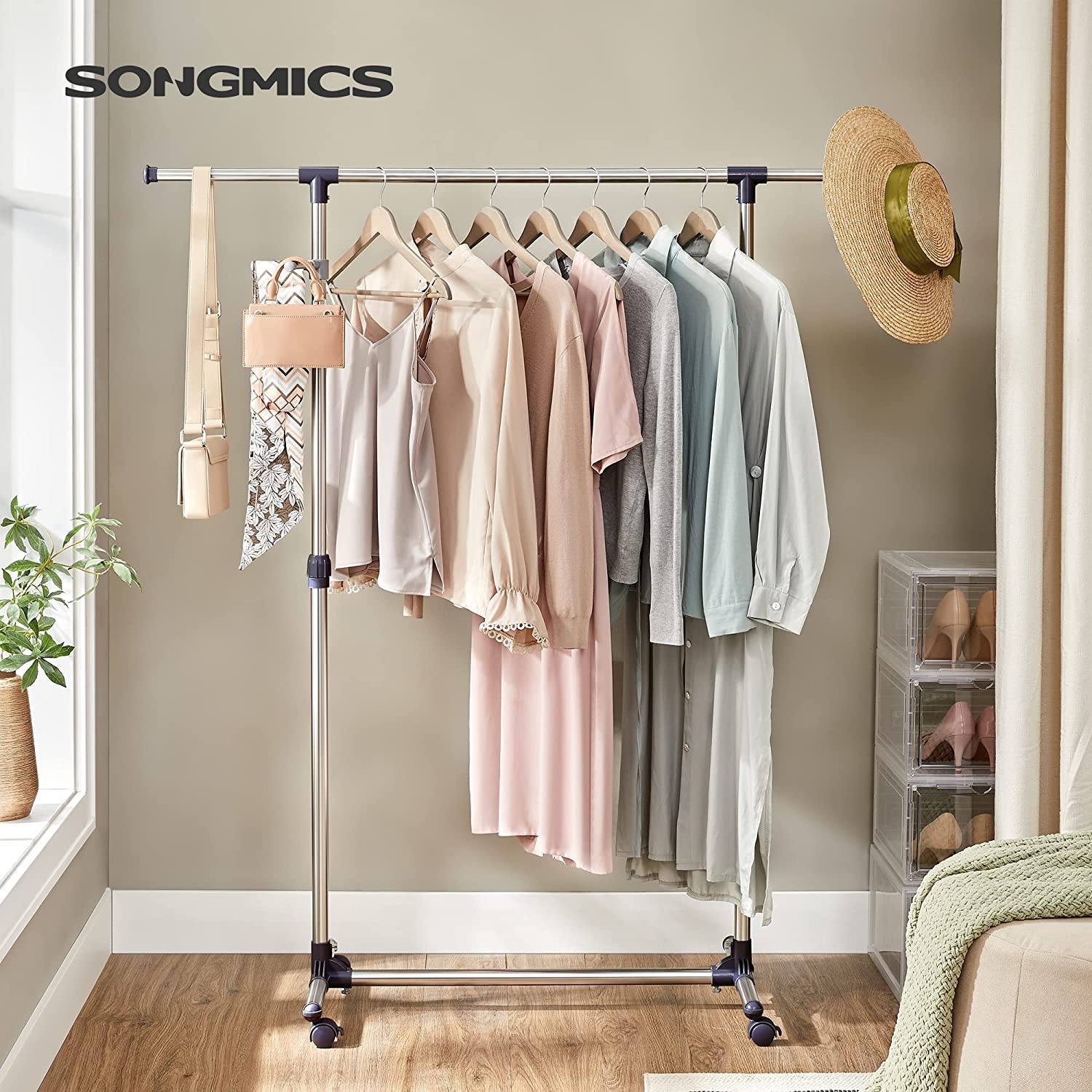 Produživ stalak za odjeću s kotačima 97-165 cm, 150 x 44 x 165 cm, srebrni | SONGMICS-vitahome.hr
