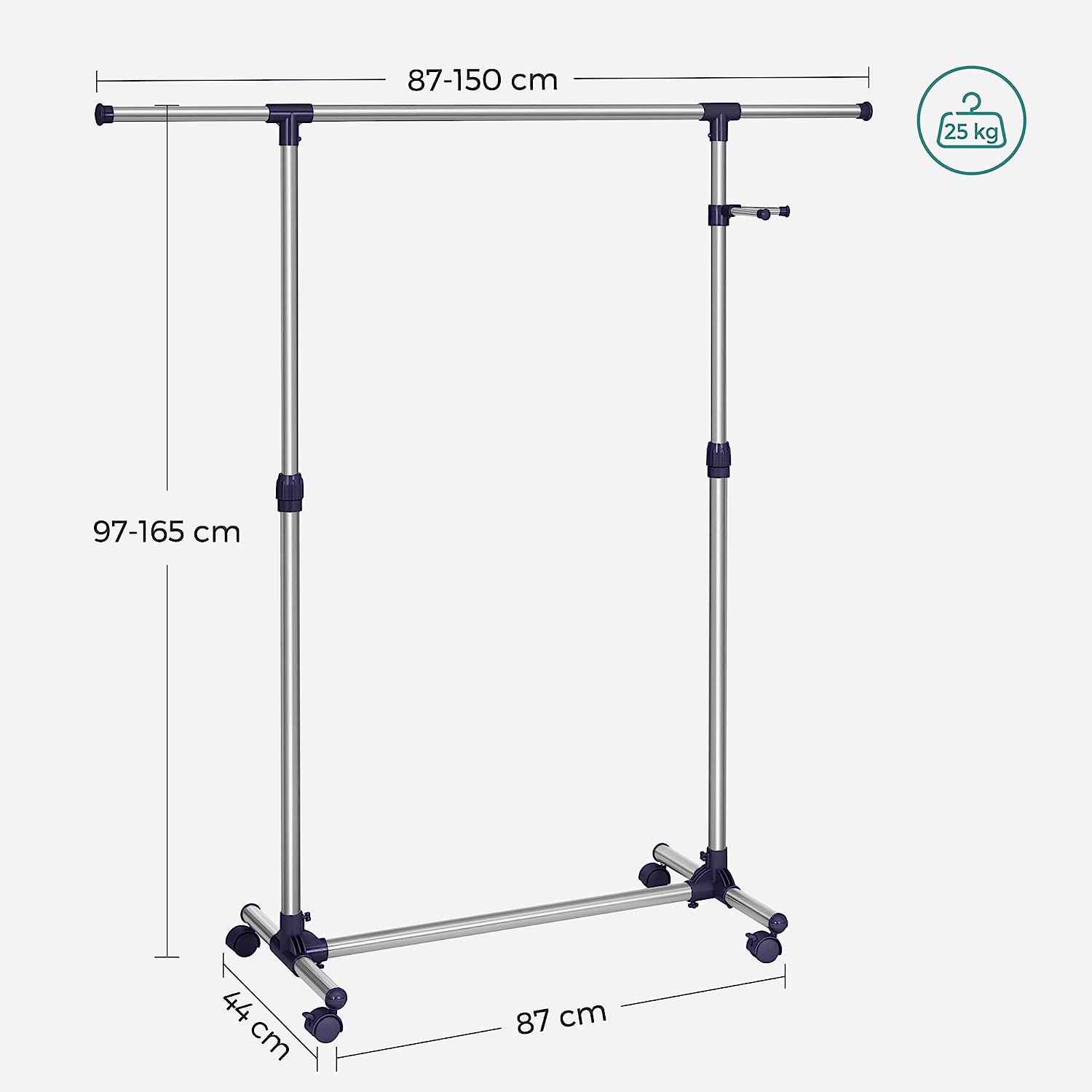 Produživ stalak za odjeću s kotačima 97-165 cm, 150 x 44 x 165 cm, srebrni | SONGMICS-vitahome.hr