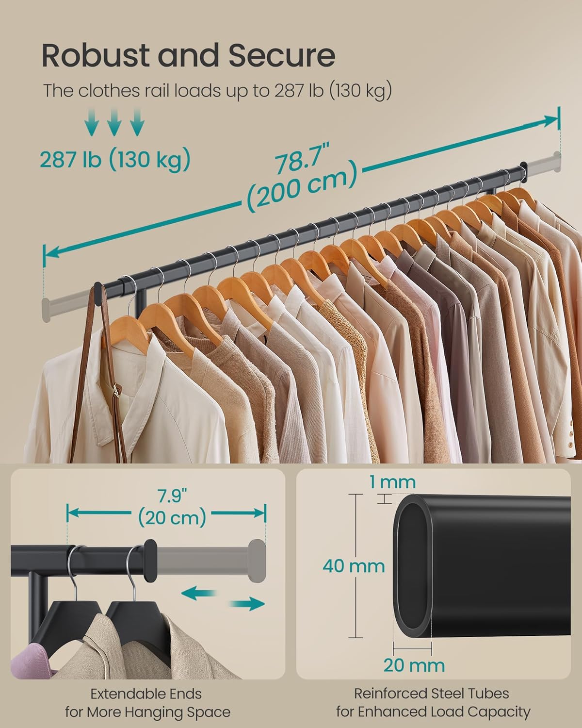 Proširivi stalak za odjeću nosivosti do 150kg, crne boje | SONGMICS-SONGMICS-Vita Home