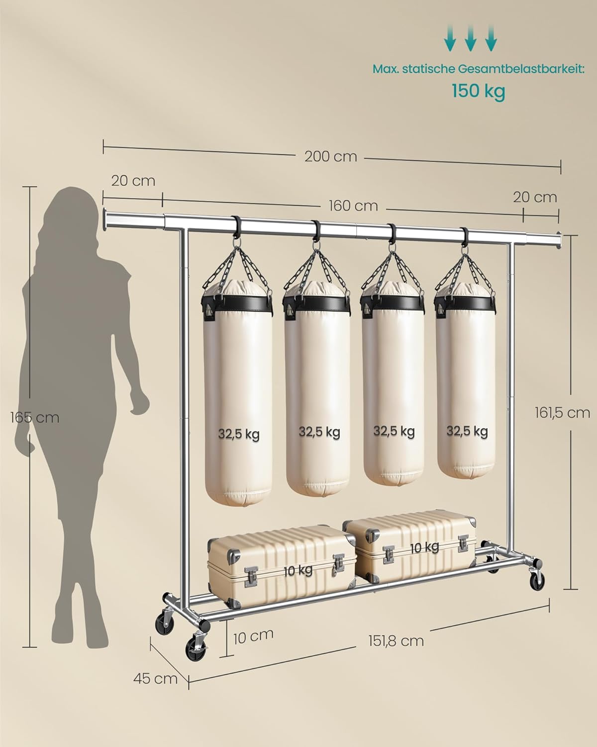 Proširivi stalak za odjeću nosivosti do 150kg, srebrne boje | SONGMICS-SONGMICS-Vita Home