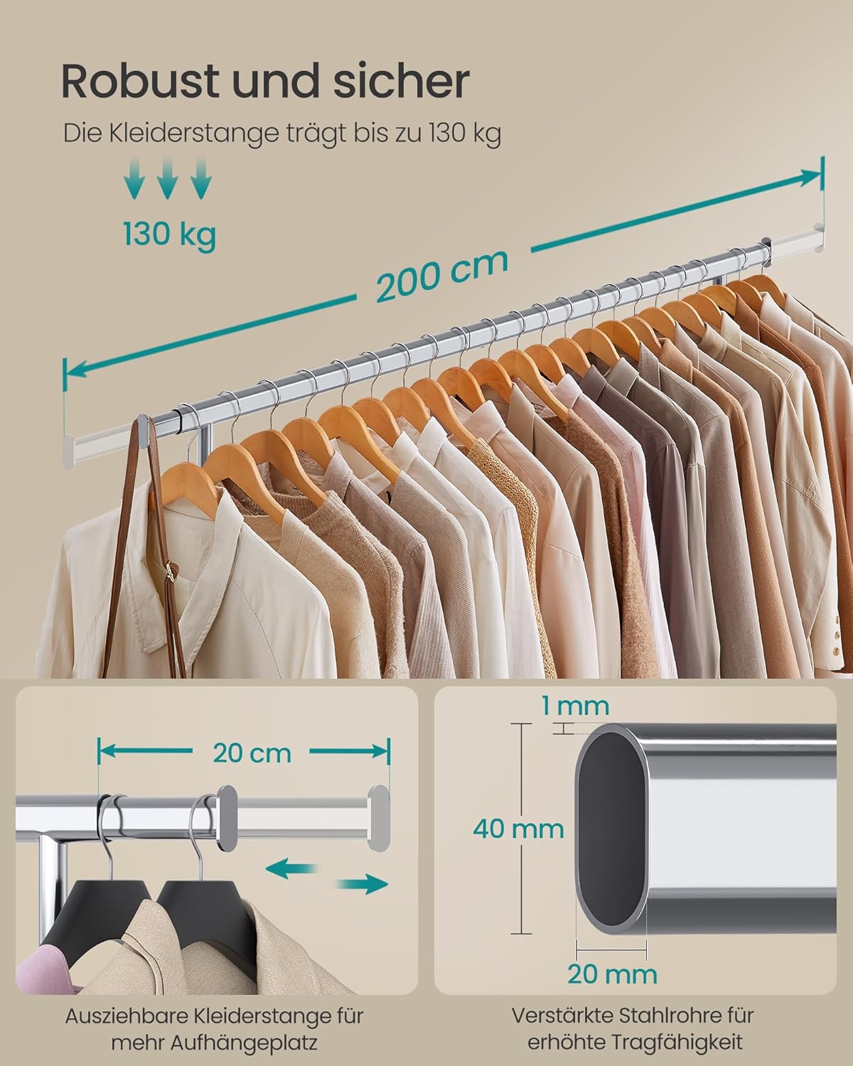 Proširivi stalak za odjeću nosivosti do 150kg, srebrne boje | SONGMICS-SONGMICS-Vita Home