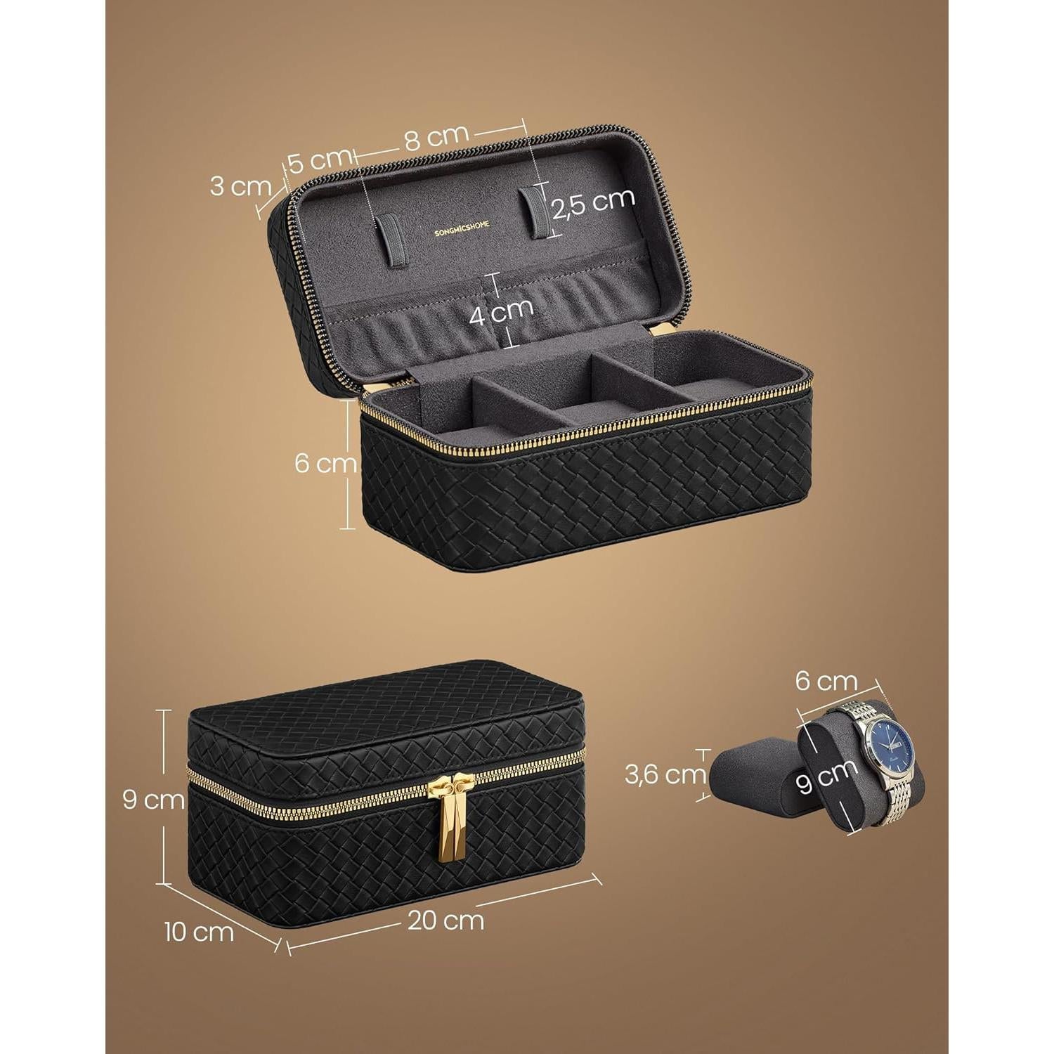 Putna kutija za satove s 3 pretinca, 10 x 20 x 9 cm, crna i siva | SONGMICS-vitahome.hr
