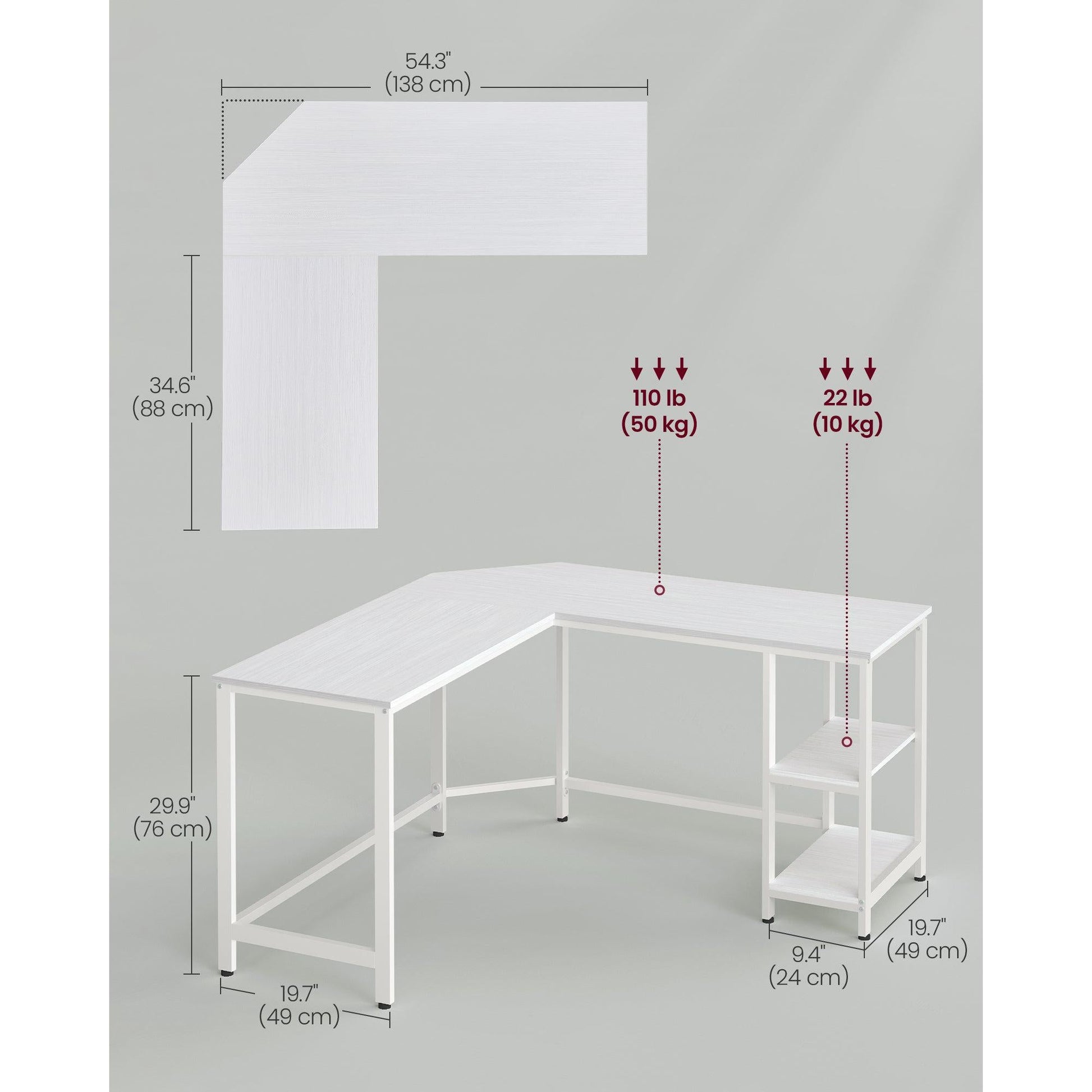 Računalni stol, kutni stol u obliku slova L, 138 x 138 x 76 cm, bijeli | VASAGLE-vitahome.hr
