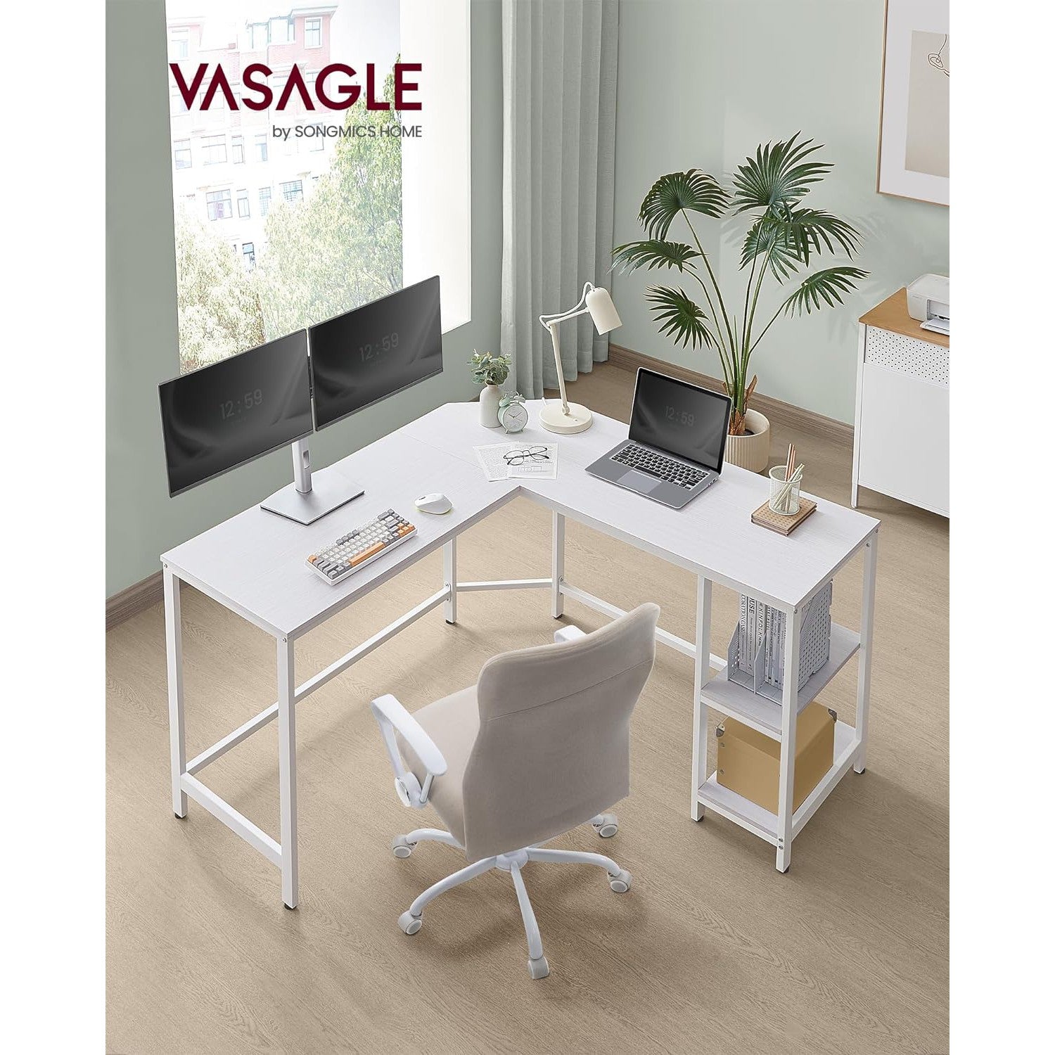 Računalni stol, kutni stol u obliku slova L, 138 x 138 x 76 cm, bijeli | VASAGLE-vitahome.hr