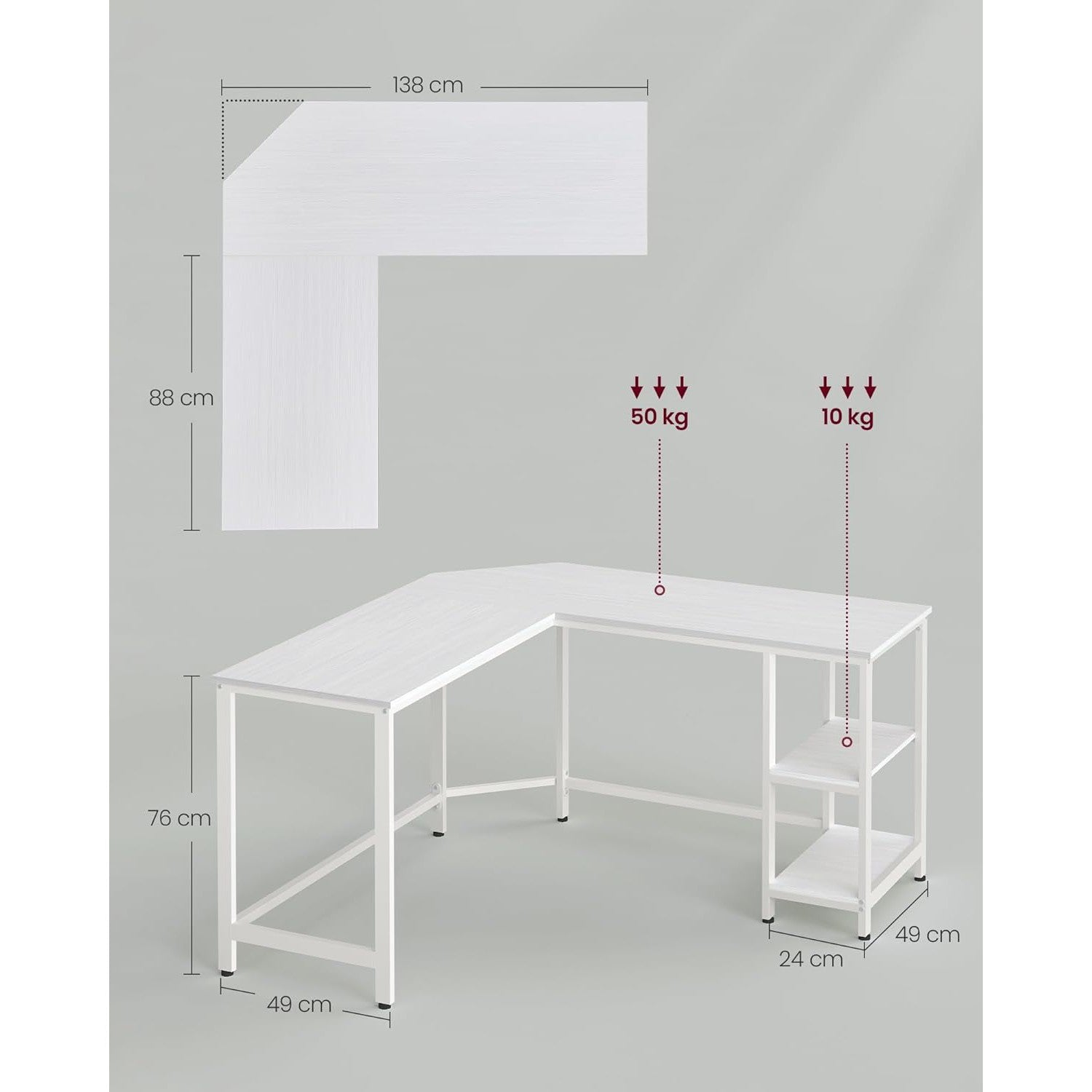 Računalni stol, kutni stol u obliku slova L, 138 x 138 x 76 cm, bijeli | VASAGLE-vitahome.hr
