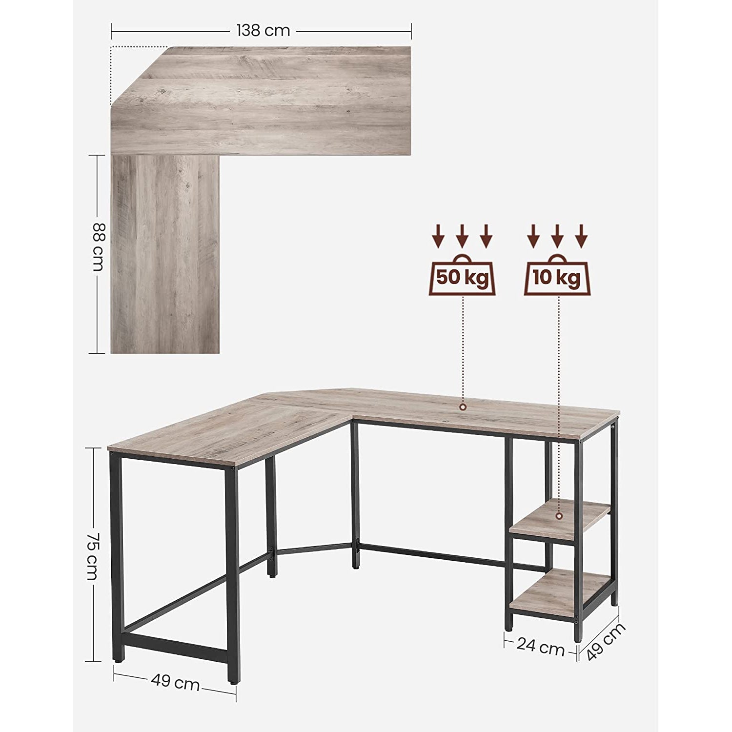 računalni stol, kutni stol u obliku slova L, radni stol, siva, 138 x 138 x 75 cm | Vasagle-vitahome.hr