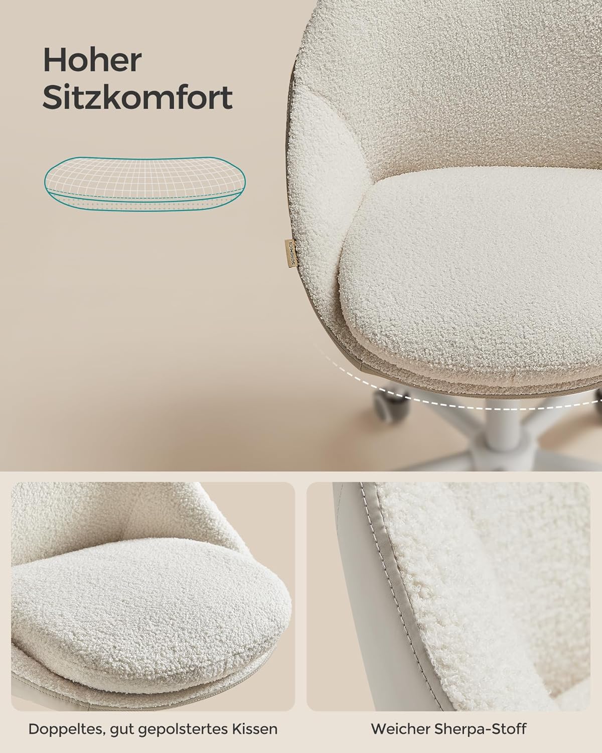 Radna stolica, okretna stolica za šminkanje, cappuccino bež/bijela | SONGMICS-SONGMICS-Vita Home