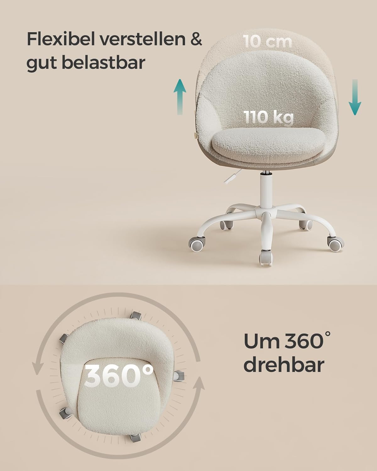 Radna stolica, okretna stolica za šminkanje, cappuccino bež/bijela | SONGMICS-SONGMICS-Vita Home