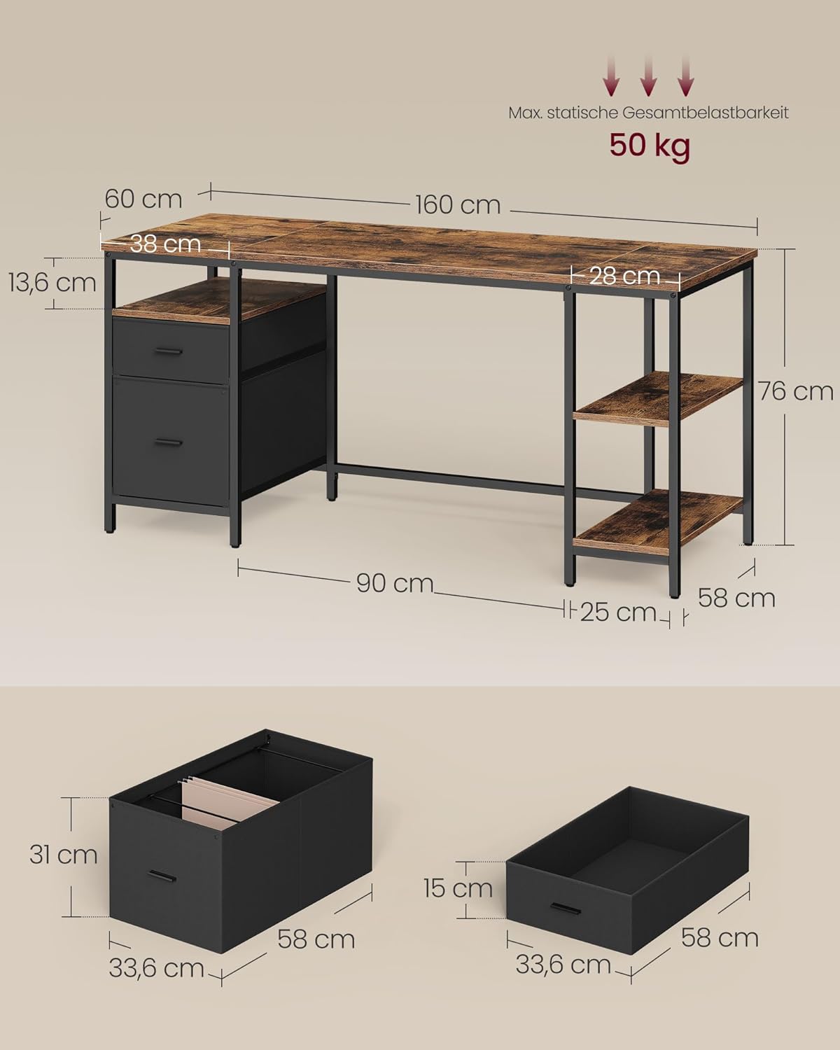 Radna stolica s policama i ladicama, 3 police, 2 ladice, dimenzije 60 x 160 x 76 cm, rustikalna smeđa