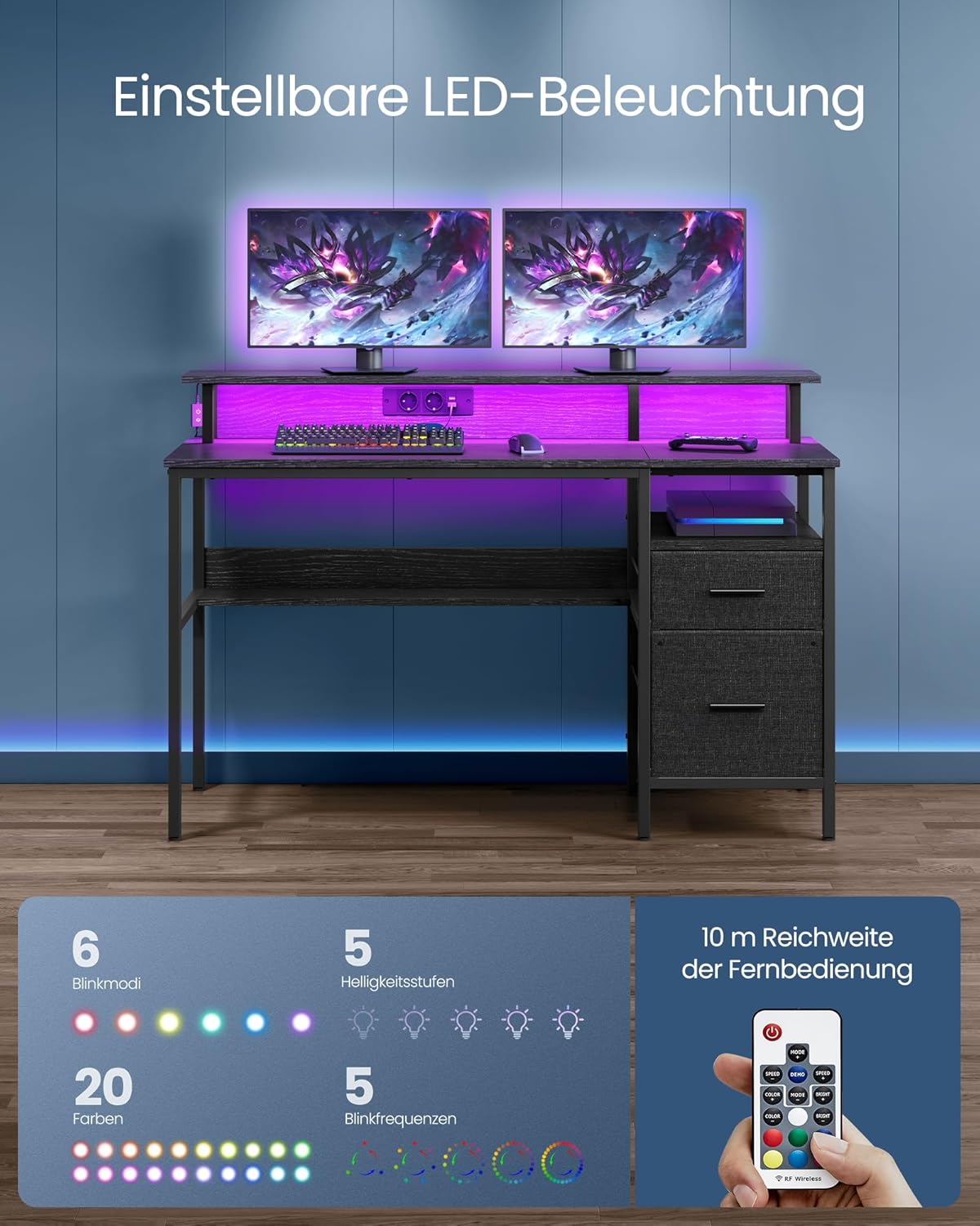 Radni stol, gaming stol s LED osvjetljenjem i ladicama, 55 x 135 x 90 cm, crni
