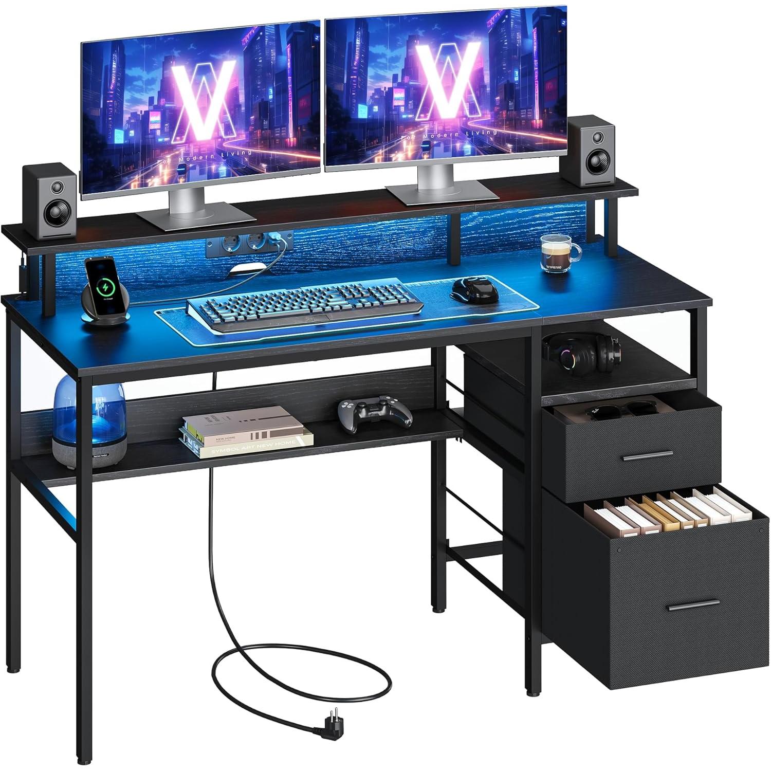 Radni stol, gaming stol s LED osvjetljenjem i ladicama, 55 x 135 x 90 cm, crni