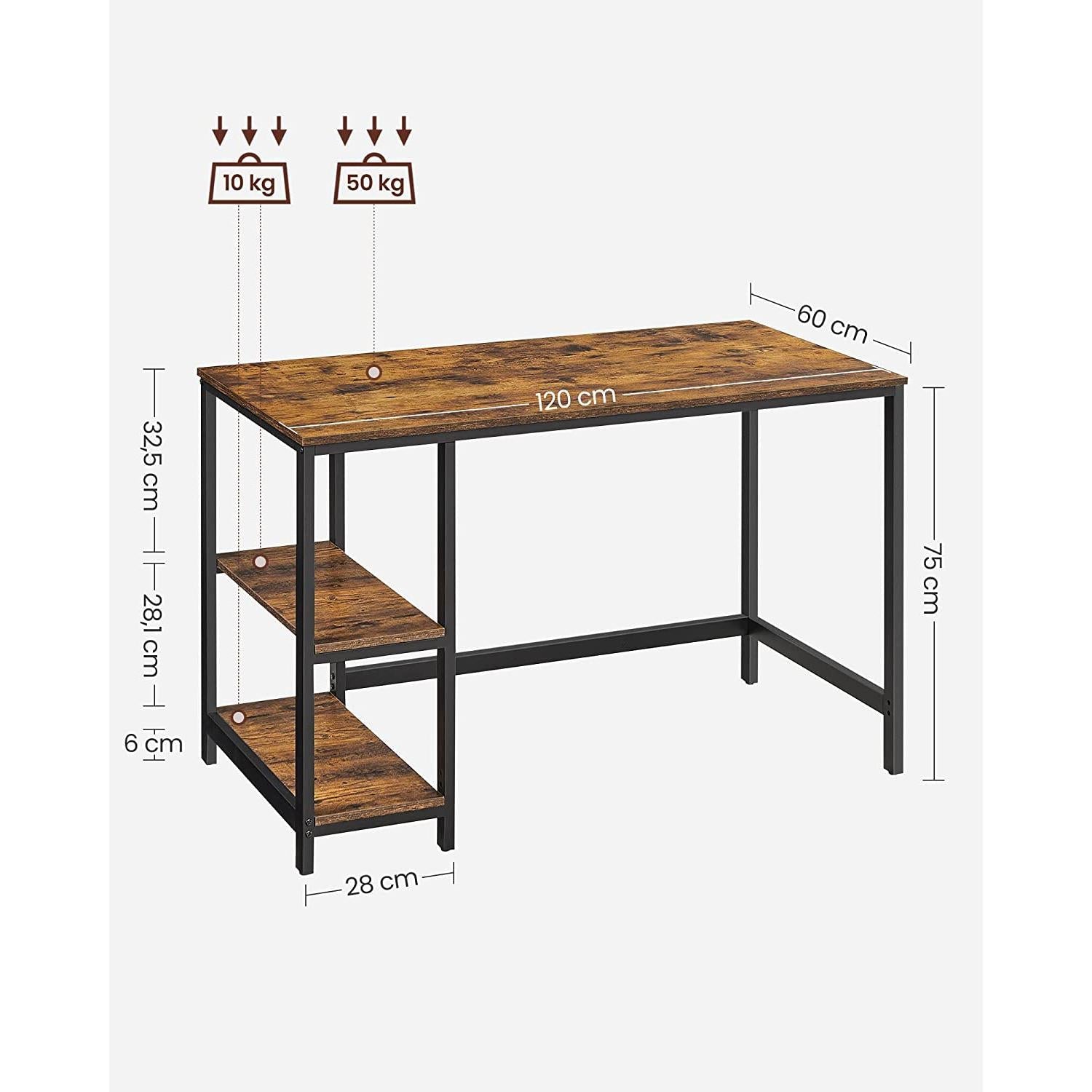 Radni stol, računalni stol s 2 police s lijeve ili desne strane 120 x 60 x 75 cm | Vasagle-vitahome.hr