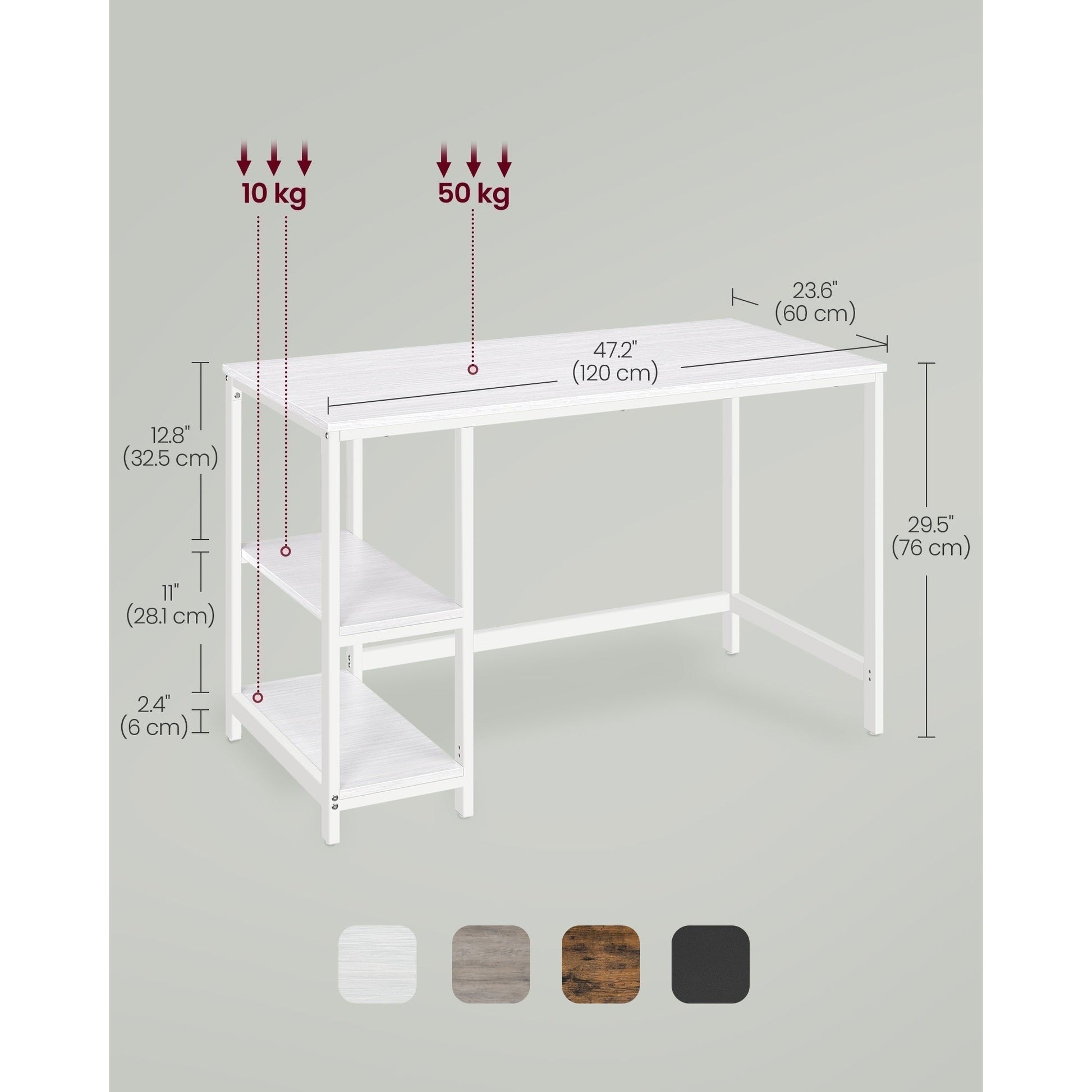 Radni stol s 2 police, moderan dizajn, 60 x 120 x 76 cm, bijelo-javor boja | VASAGLE-vitahome.hr