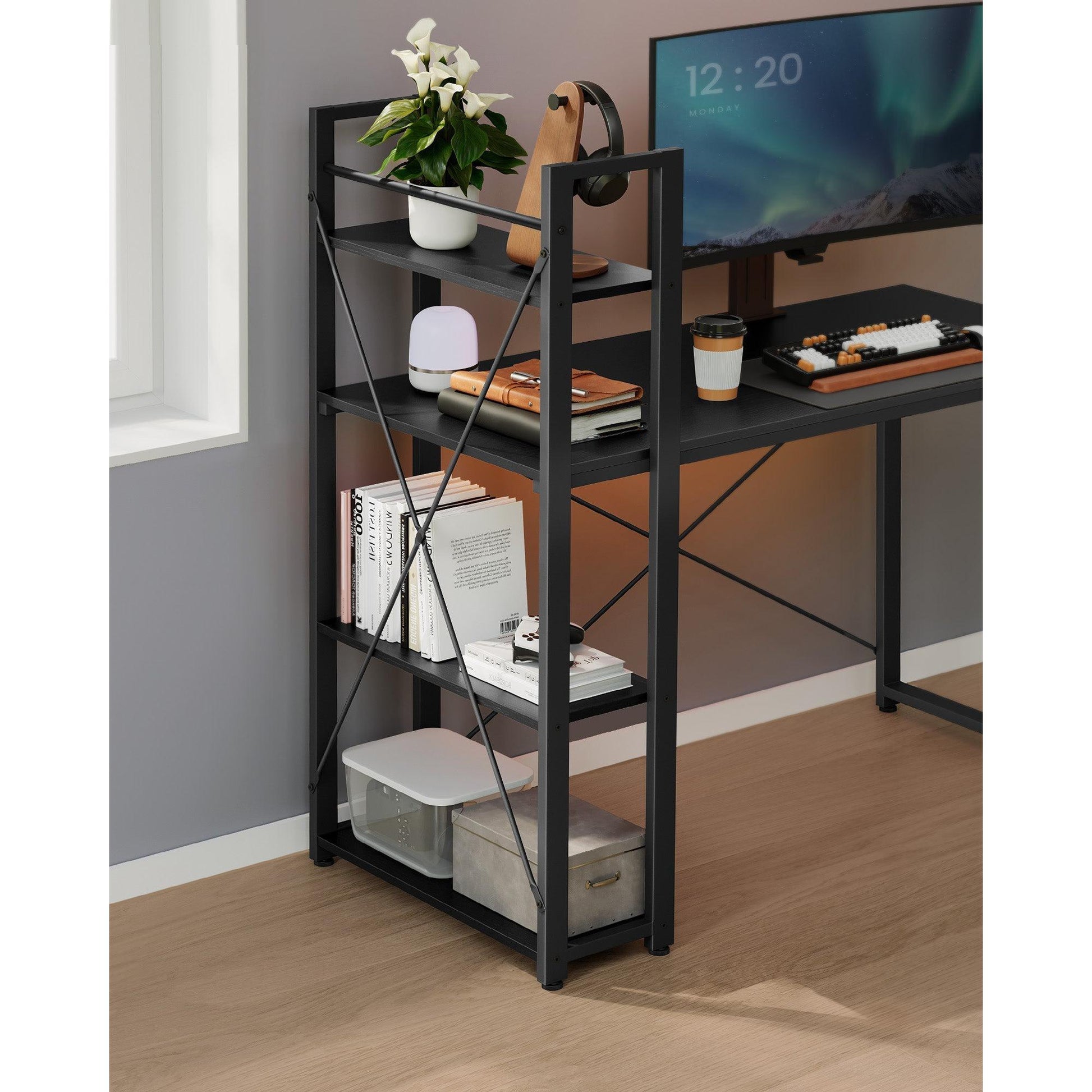 Radni stol s policama desno ili lijevo, 56 x 120 x 120 cm, crni | VASAGLE-vitahome.hr