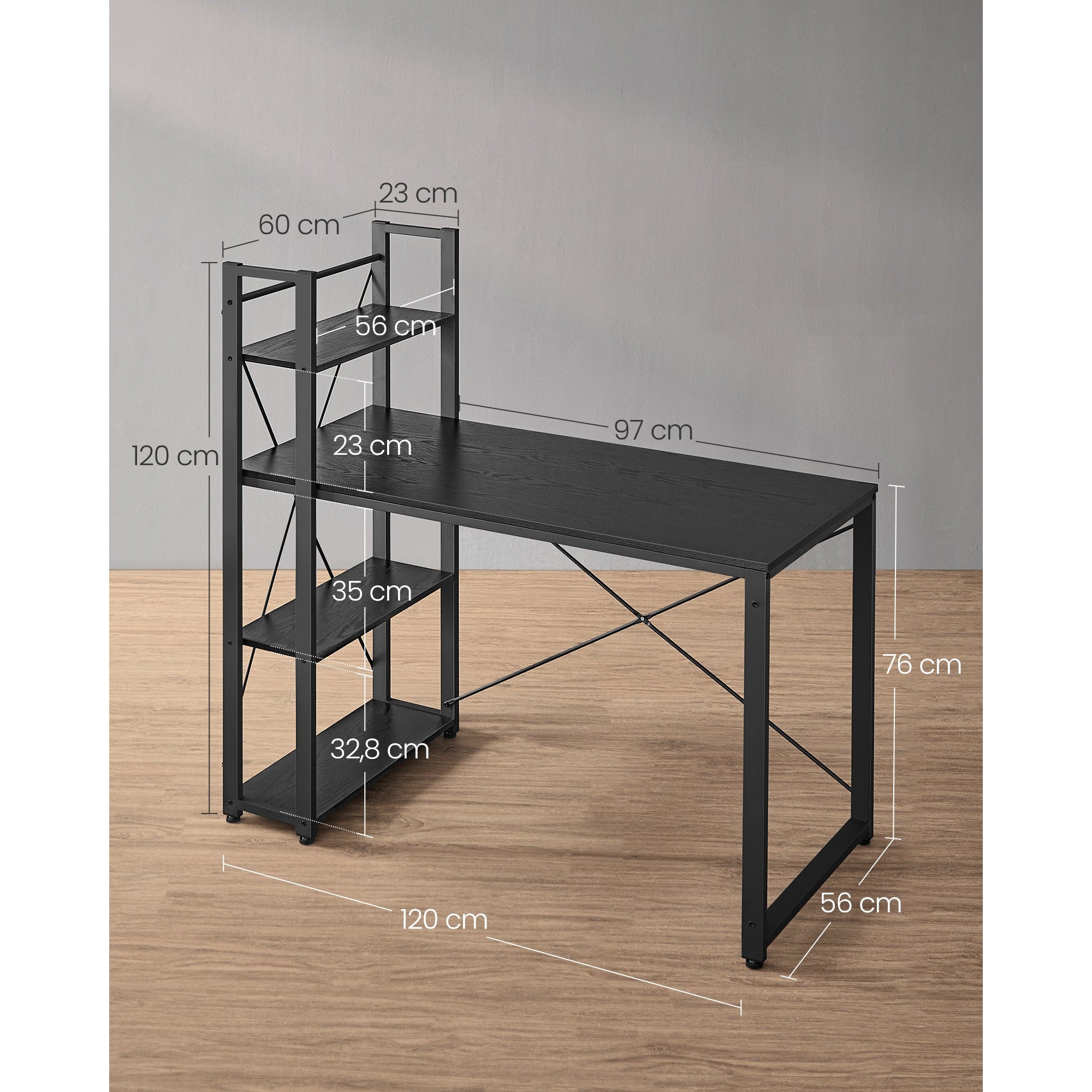 Radni stol s policama desno ili lijevo, 56 x 120 x 120 cm, crni | VASAGLE-vitahome.hr