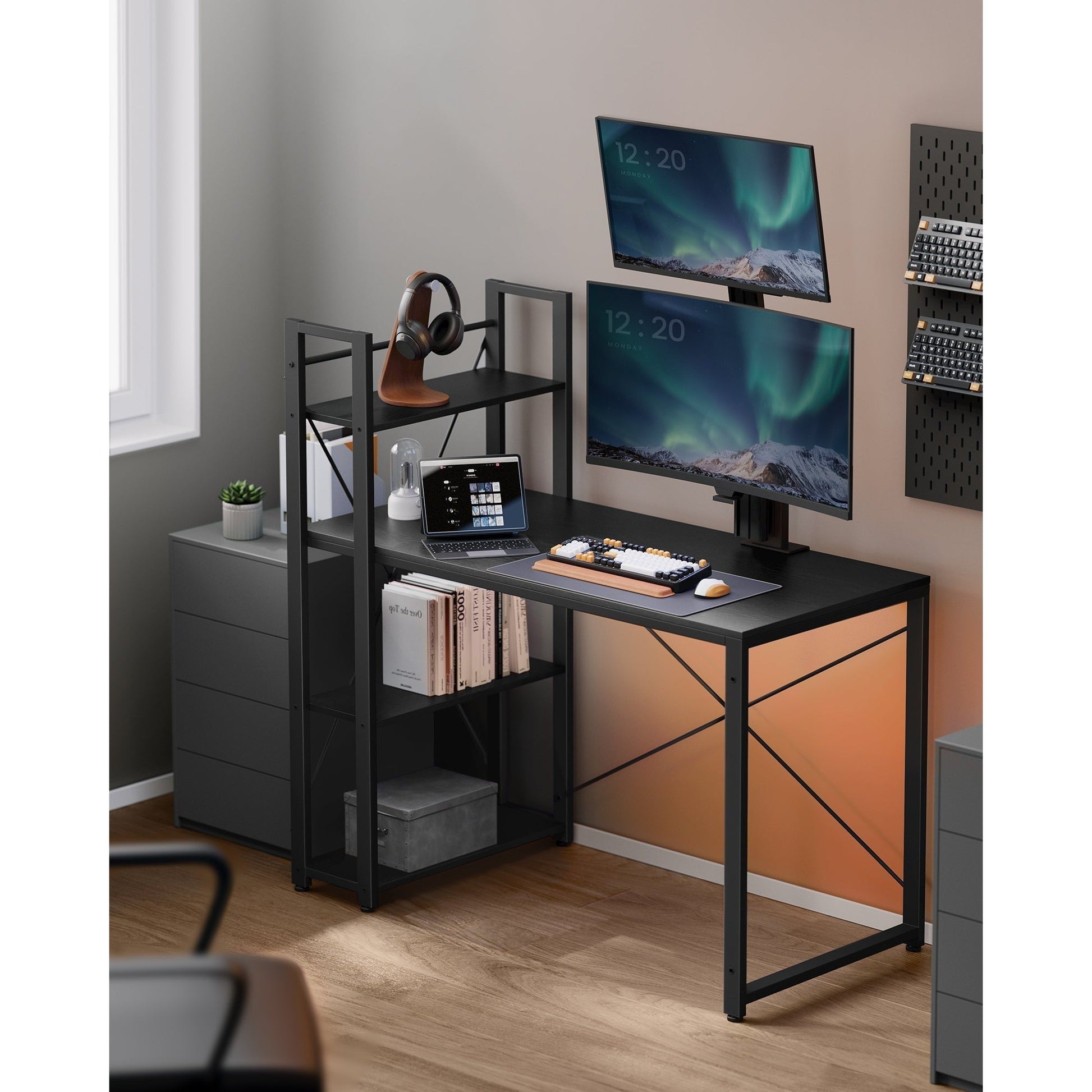 Radni stol s policama desno ili lijevo, 56 x 120 x 120 cm, crni | VASAGLE-vitahome.hr