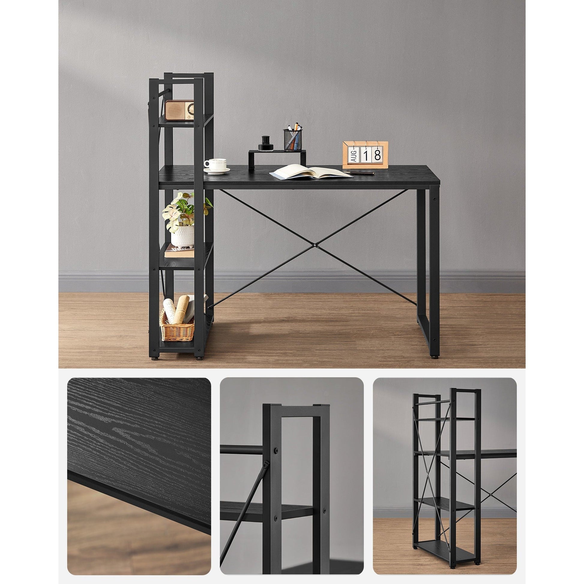 Radni stol s policama desno ili lijevo, 56 x 120 x 120 cm, crni | VASAGLE-vitahome.hr