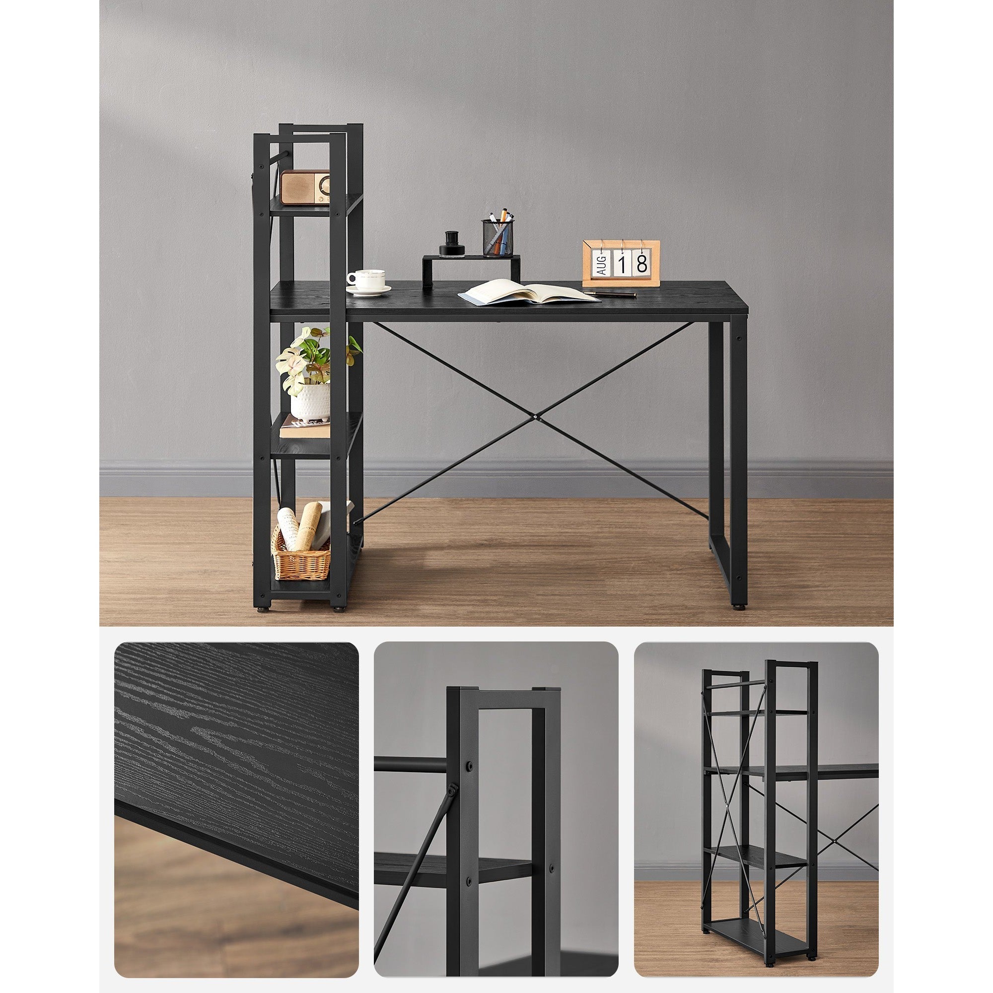 Radni stol s policama desno ili lijevo, 56 x 120 x 120 cm, crni | VASAGLE-vitahome.hr