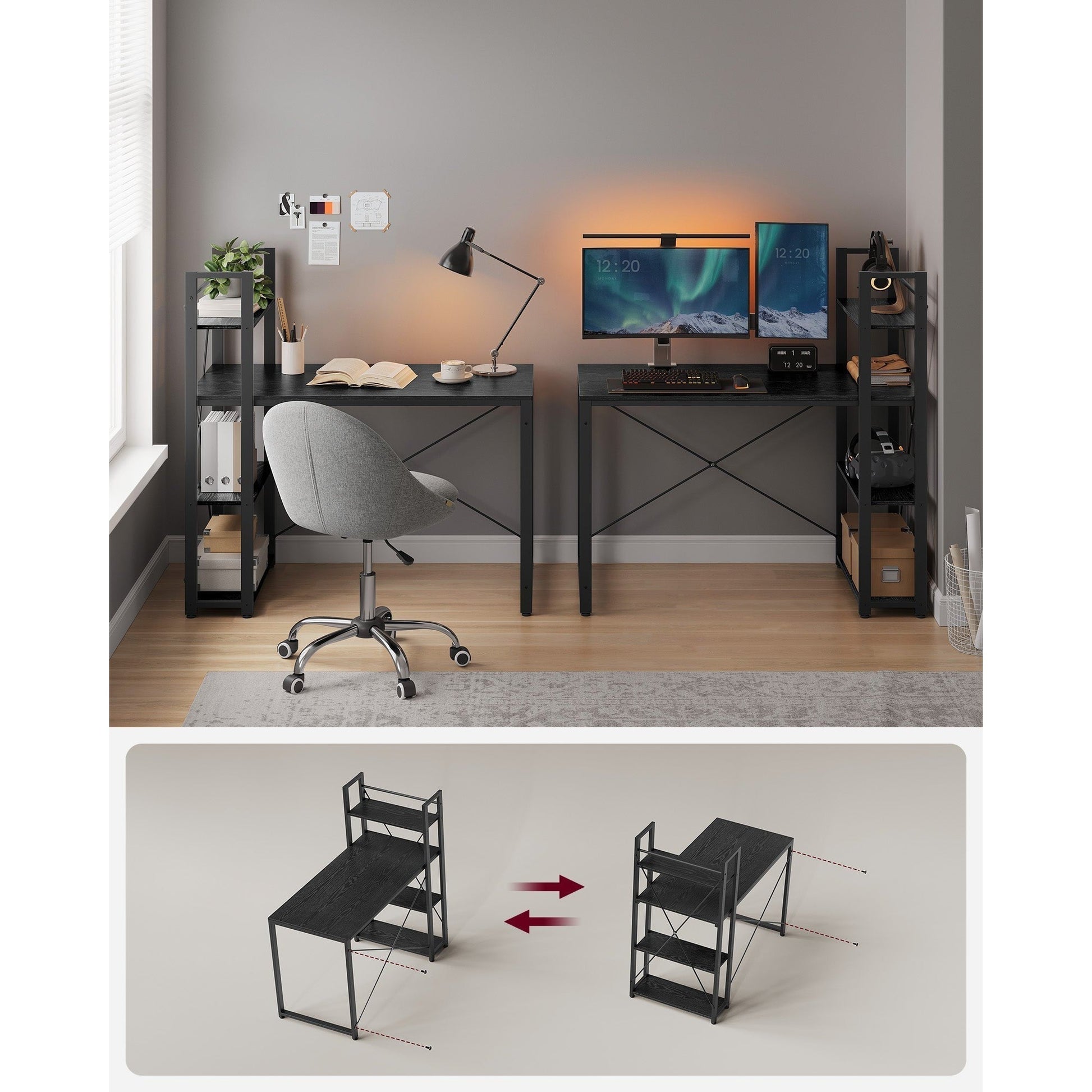 Radni stol s policama desno ili lijevo, 56 x 120 x 120 cm, crni | VASAGLE-vitahome.hr