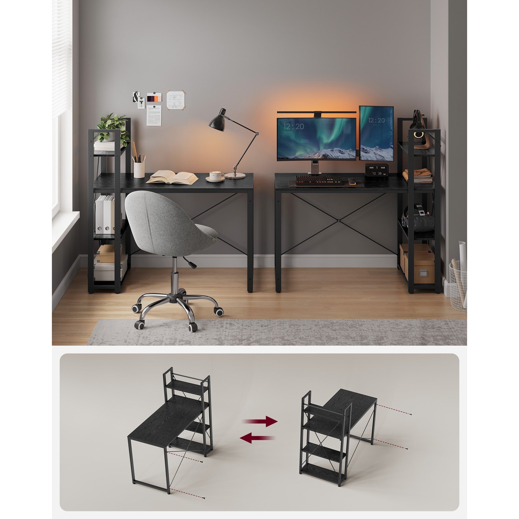 Radni stol s policama desno ili lijevo, 56 x 120 x 120 cm, crni | VASAGLE-vitahome.hr