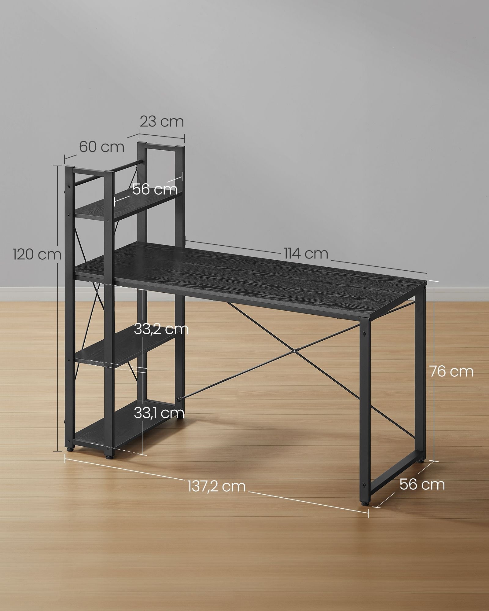 Radni stol s policama podesivim ljevo ili desno, 60 x 137,2 x 118,7 cm, crne boje | VASAGLE-vitahome.hr