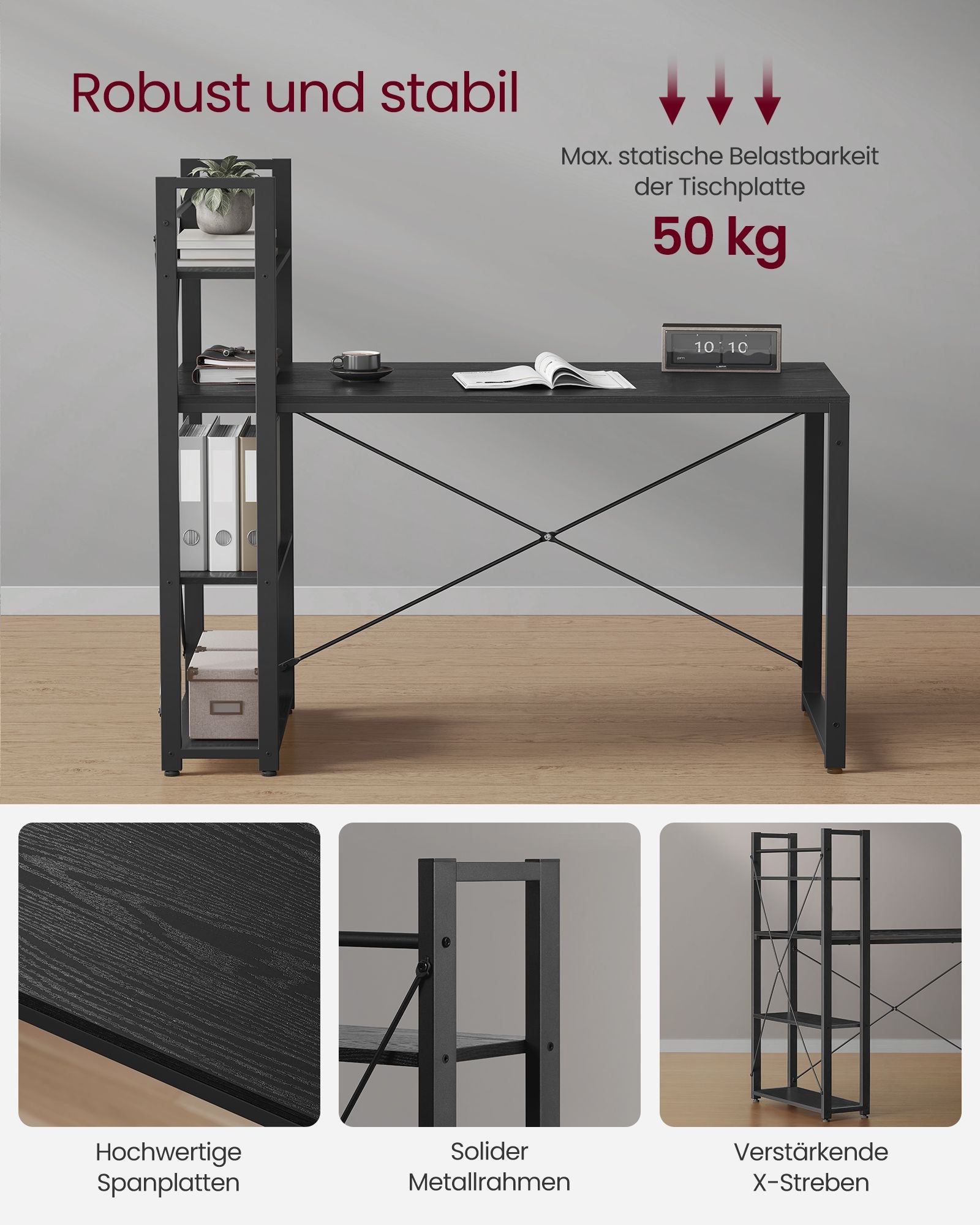 Radni stol s policama podesivim ljevo ili desno, 60 x 137,2 x 118,7 cm, crne boje | VASAGLE-vitahome.hr