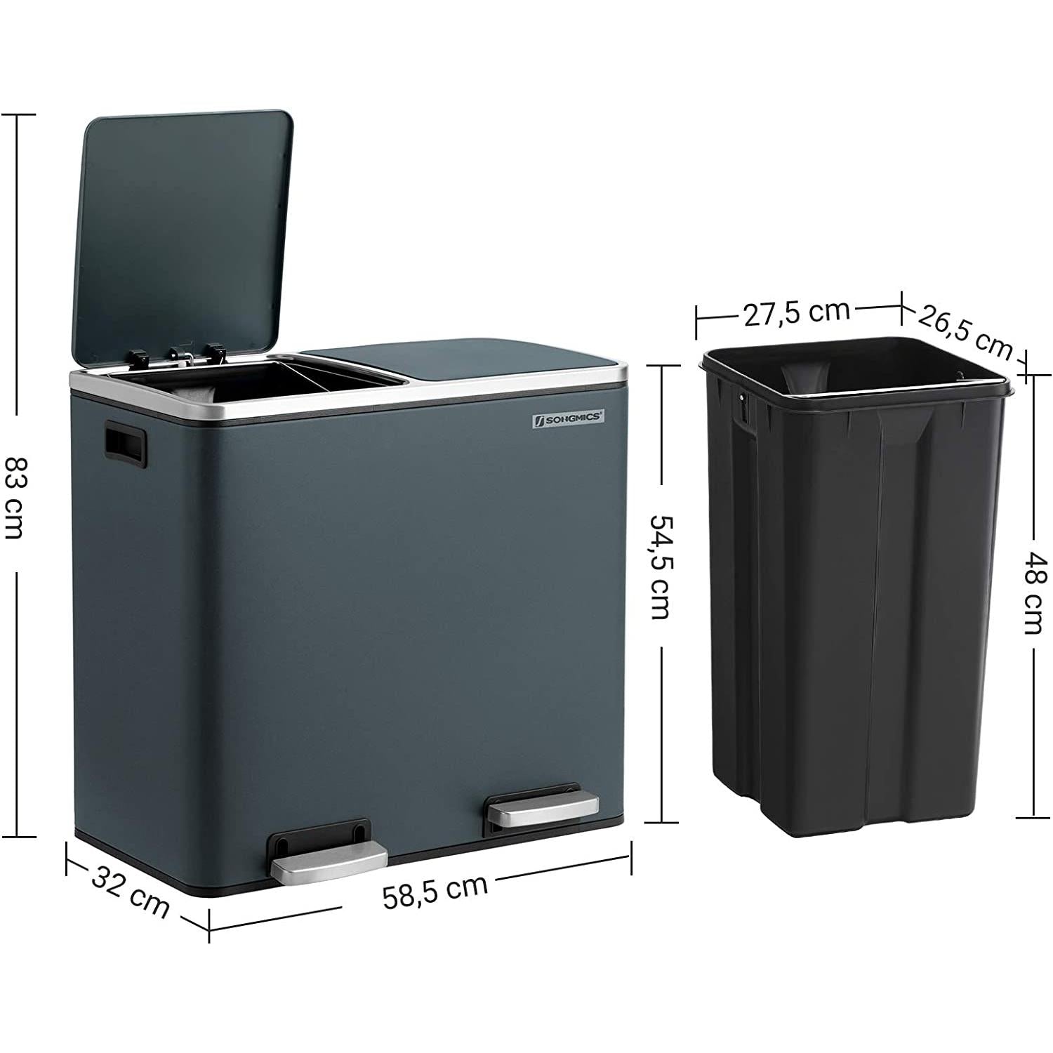 sakupljač otpada, dupla kanta, 2 x 24 litre dimno siva | SONGMICS-vitahome.hr
