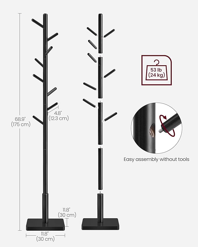 Samostojeća vješalica od punog drveta s podešavanjem visine, crna
