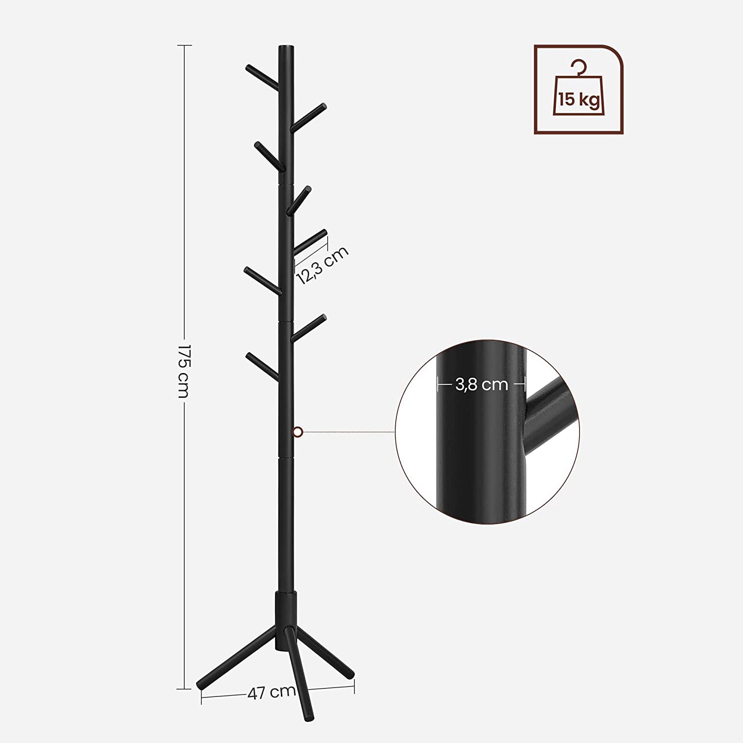 Samostojeća vješalica za kapute, odjeću, od punog drveta, visoka 175cm, crna | VASAGLE-vitahome.hr