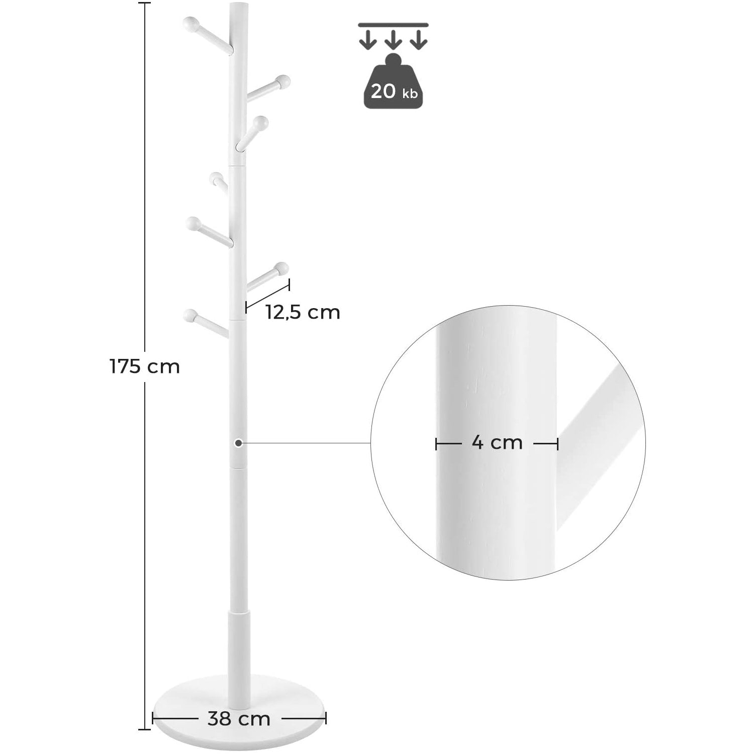 Samostojeća vješalica za kapute, odjeću, visoka 175 cm, bijela, | VASAGLE-vitahome.hr