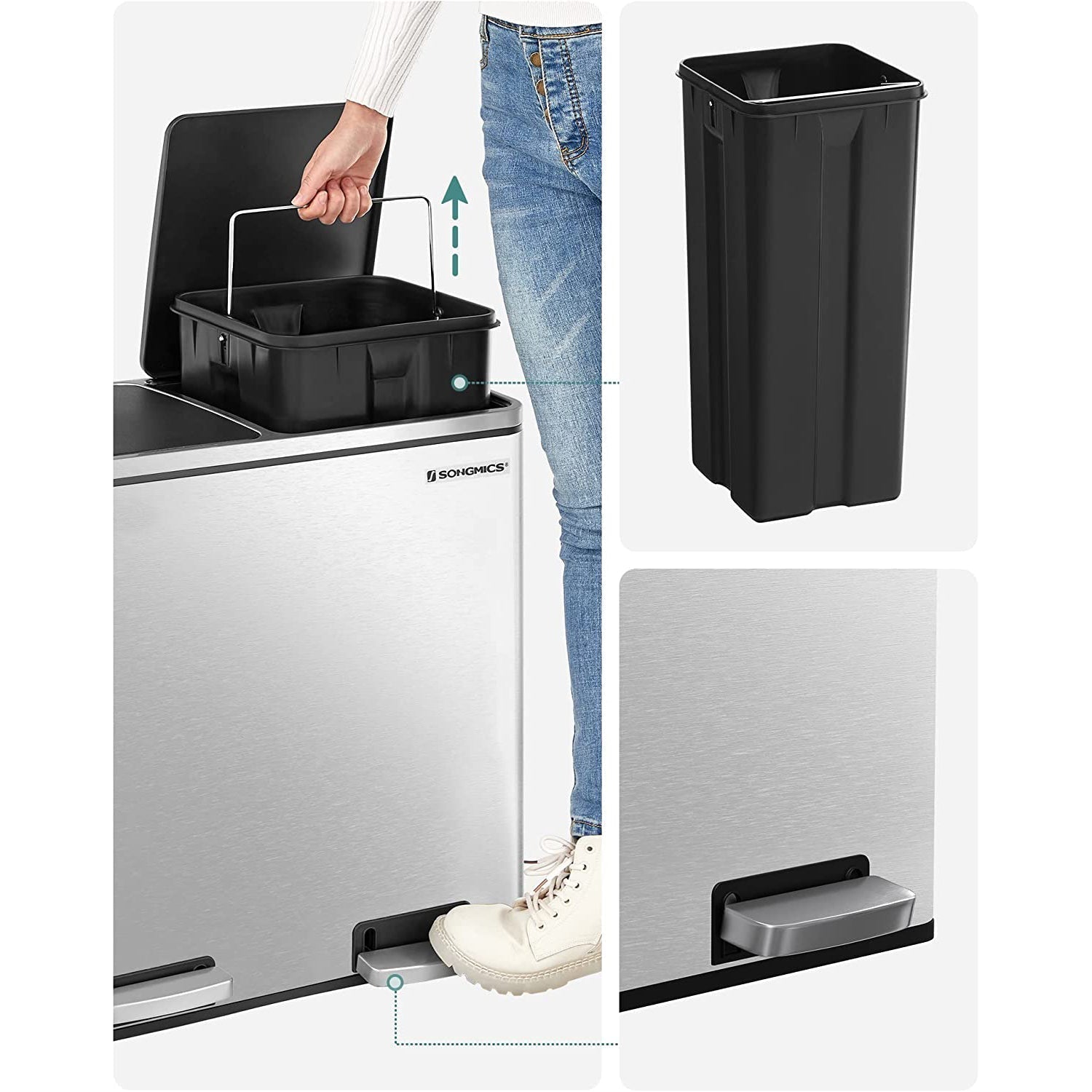 Selektivna kanta za smeće, sakupljač kuhinjskog otpada, nehrđajući čelik, 2 x 24 L | SONGMICS-vitahome.hr