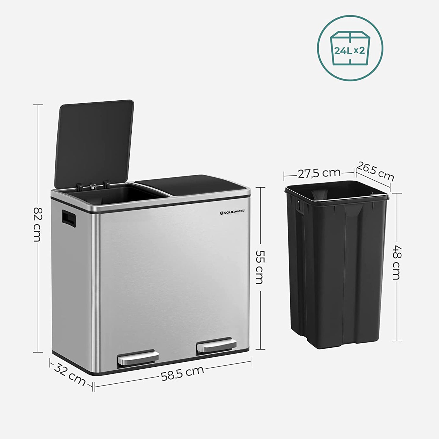 Selektivna kanta za smeće, sakupljač kuhinjskog otpada, nehrđajući čelik, 2 x 24 L | SONGMICS-vitahome.hr