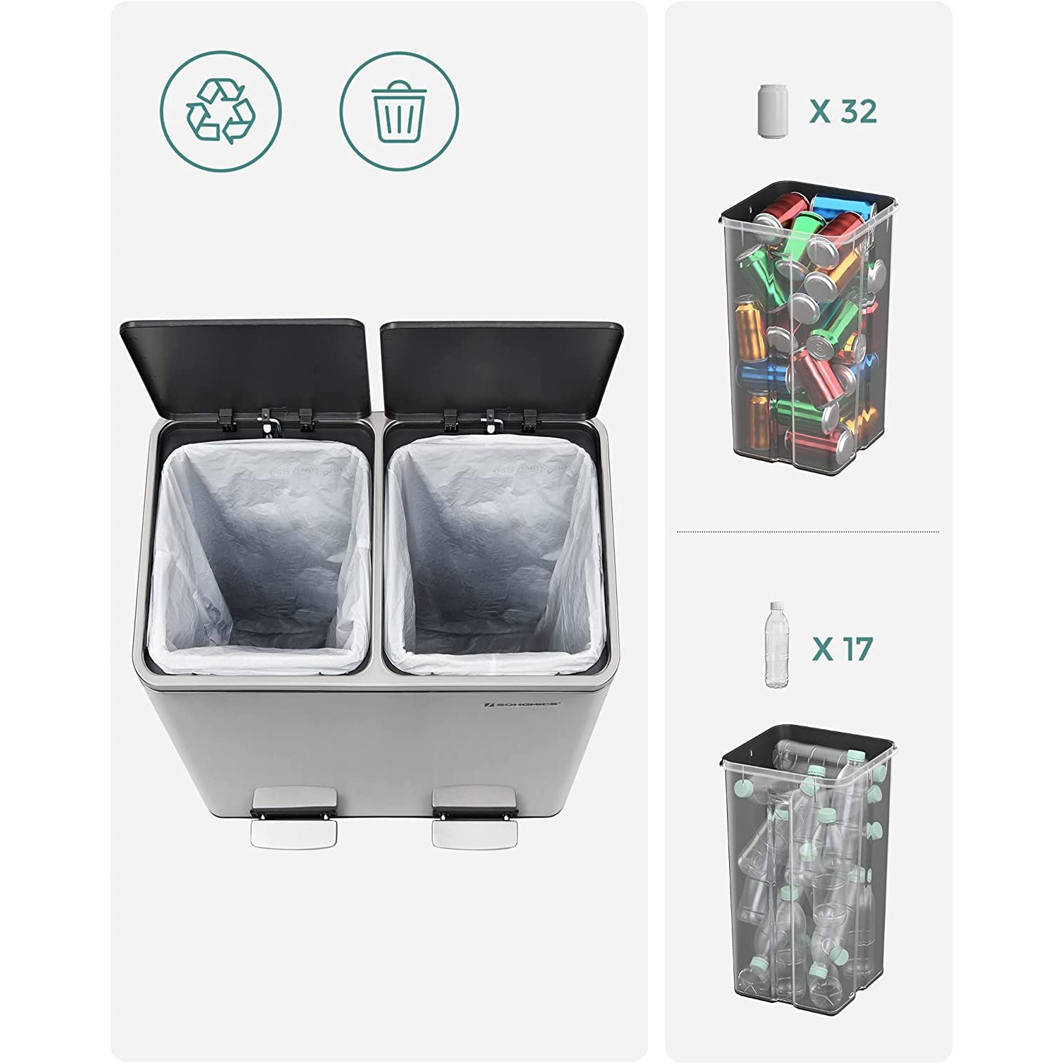 Selektivna kanta za smeće, sakupljač kuhinjskog otpada, nehrđajući čelik, 2 x 24 L | SONGMICS-vitahome.hr