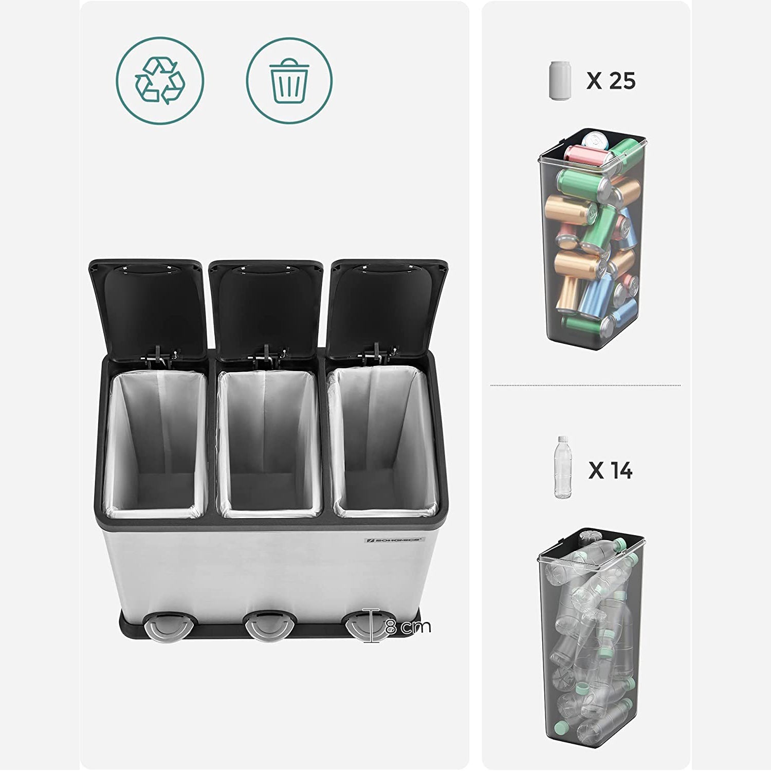 Selektivni sakupljač otpada 54L, kanta s pedalom 3 dijela | SONGMICS-vitahome.hr