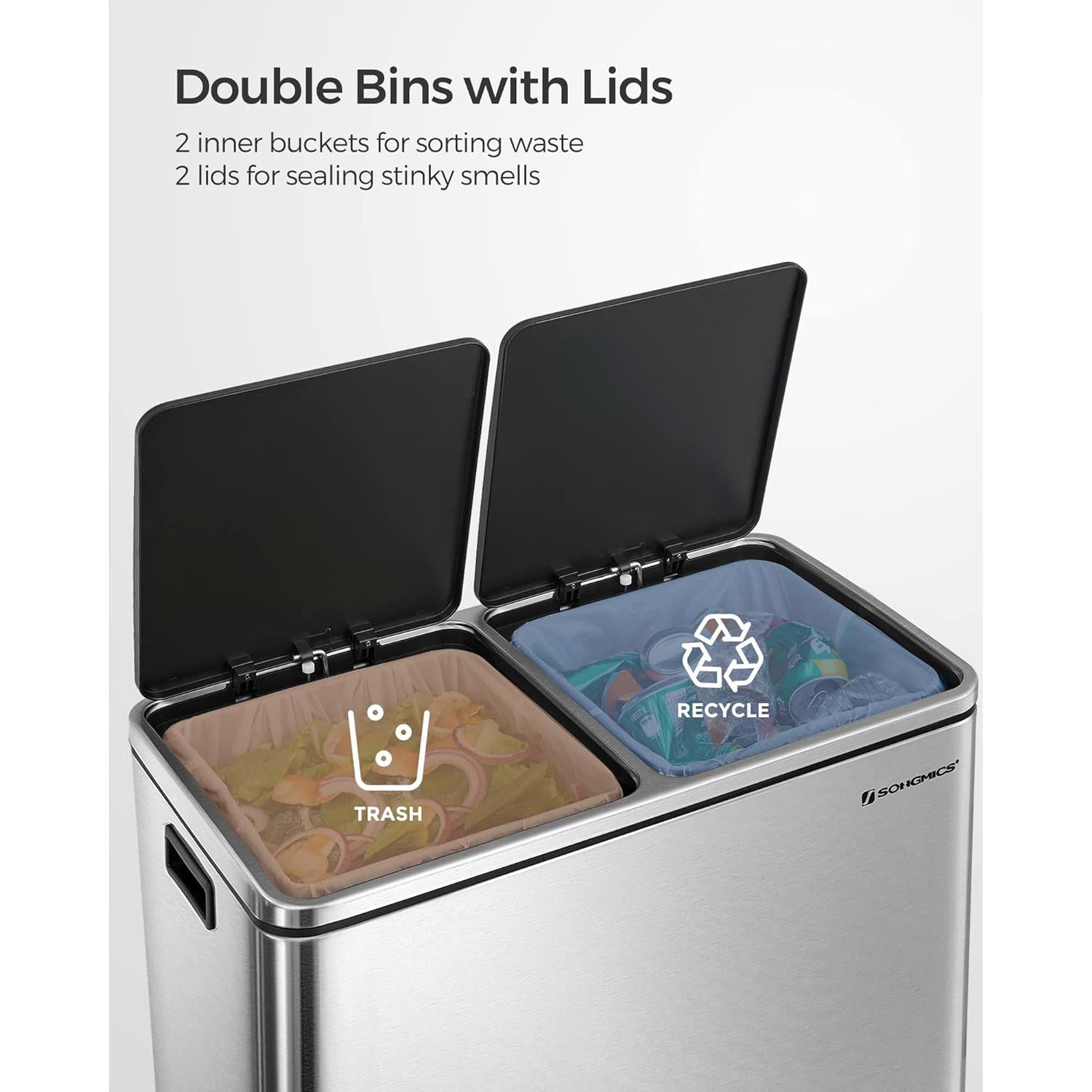 Selektivni sakupljač otpada, s 2 plastične unutarnje posude, 2 x 30 L | SONGMICS-vitahome.hr