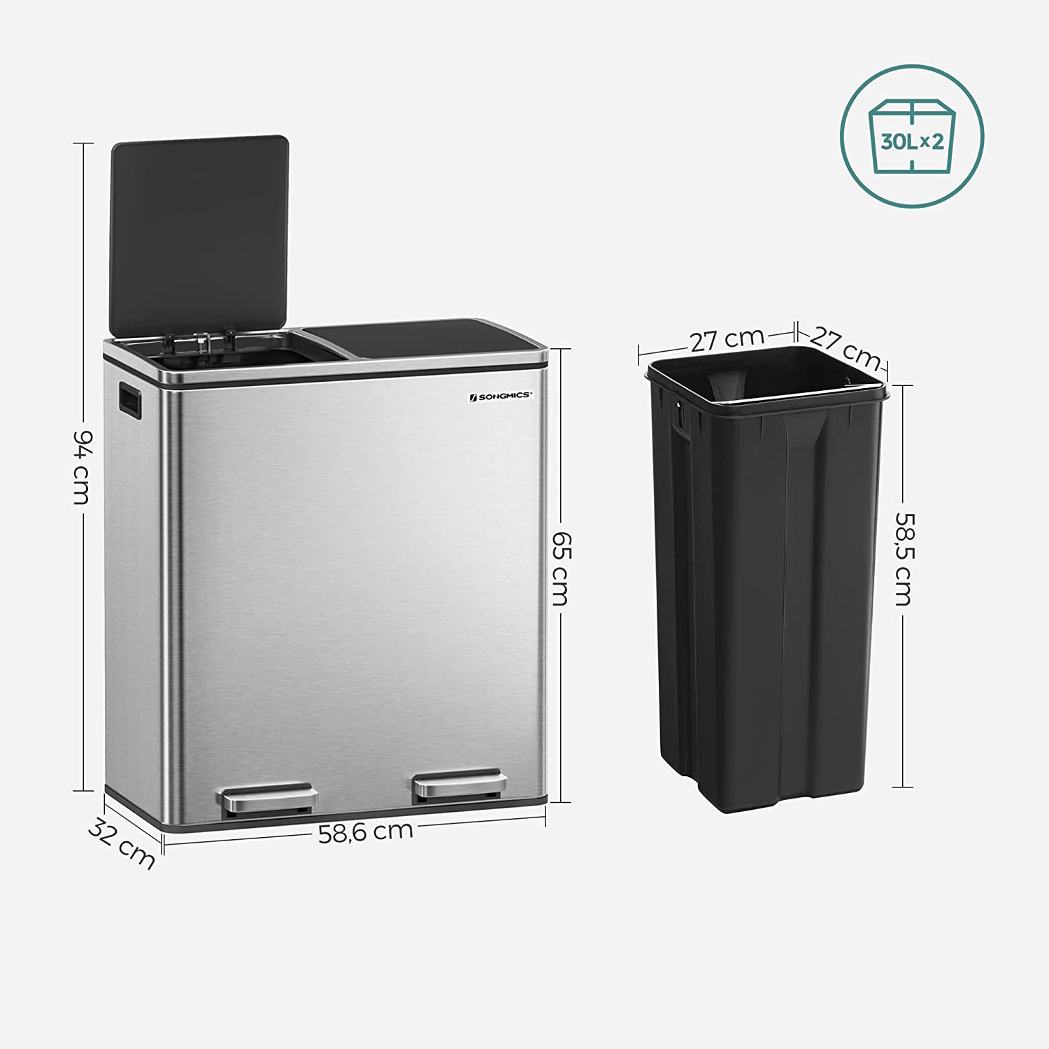 Selektivni sakupljač otpada, s 2 plastične unutarnje posude, 2 x 30 L | SONGMICS-vitahome.hr